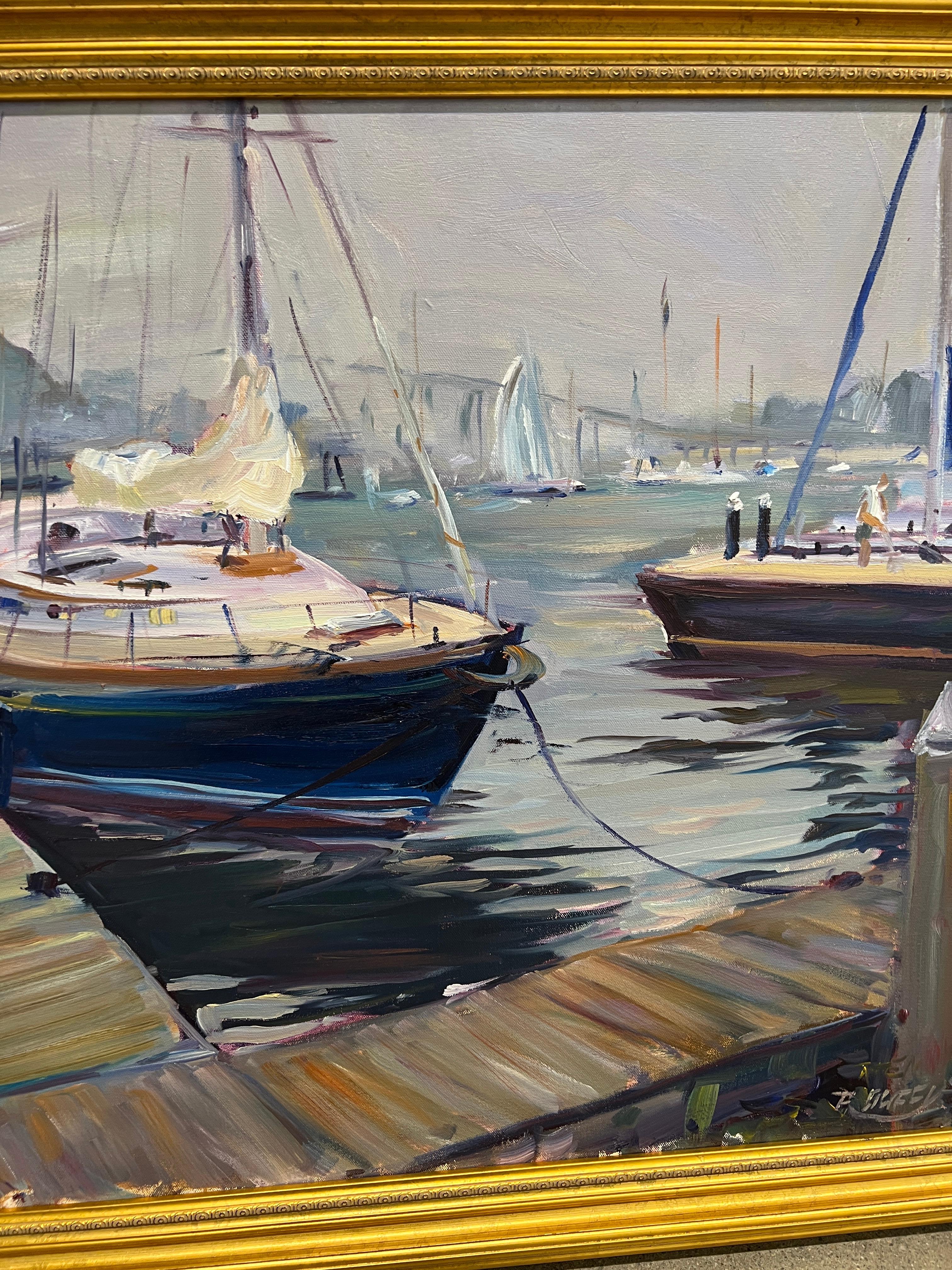 Modern Robert Duffy (American, 1928-2015), Impressionist Newport Harbor Seascape Oil For Sale