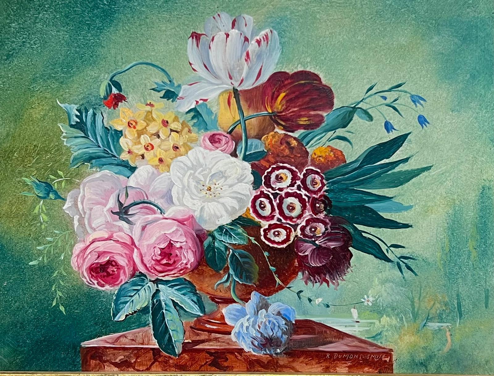 Classical Still Life of Flowers in Urn on Stone Plinth Signed British Oil - Painting by Robert Dumont-Smith
