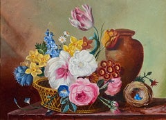 Classical Still Life of Flowers with Birds Nest & Wine Urn Signed British Oil 