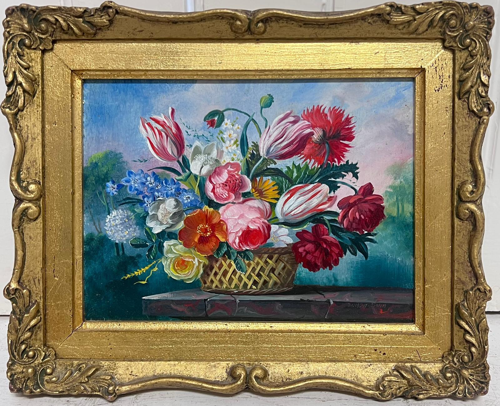 Nature morte classique de fleurs dans un panier signée peinture à l'huile britannique - Painting de Robert Dumont-Smith