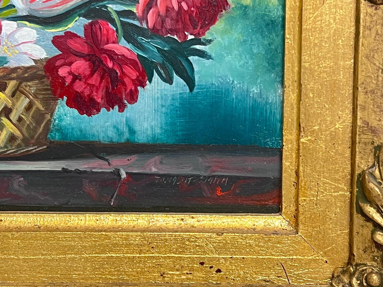 Nature morte classique de fleurs dans un panier signée peinture à l'huile britannique - Maîtres anciens Painting par Robert Dumont-Smith