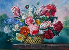 Fine Classical Still Life of Flowers in Basket Signed British Oil Painting