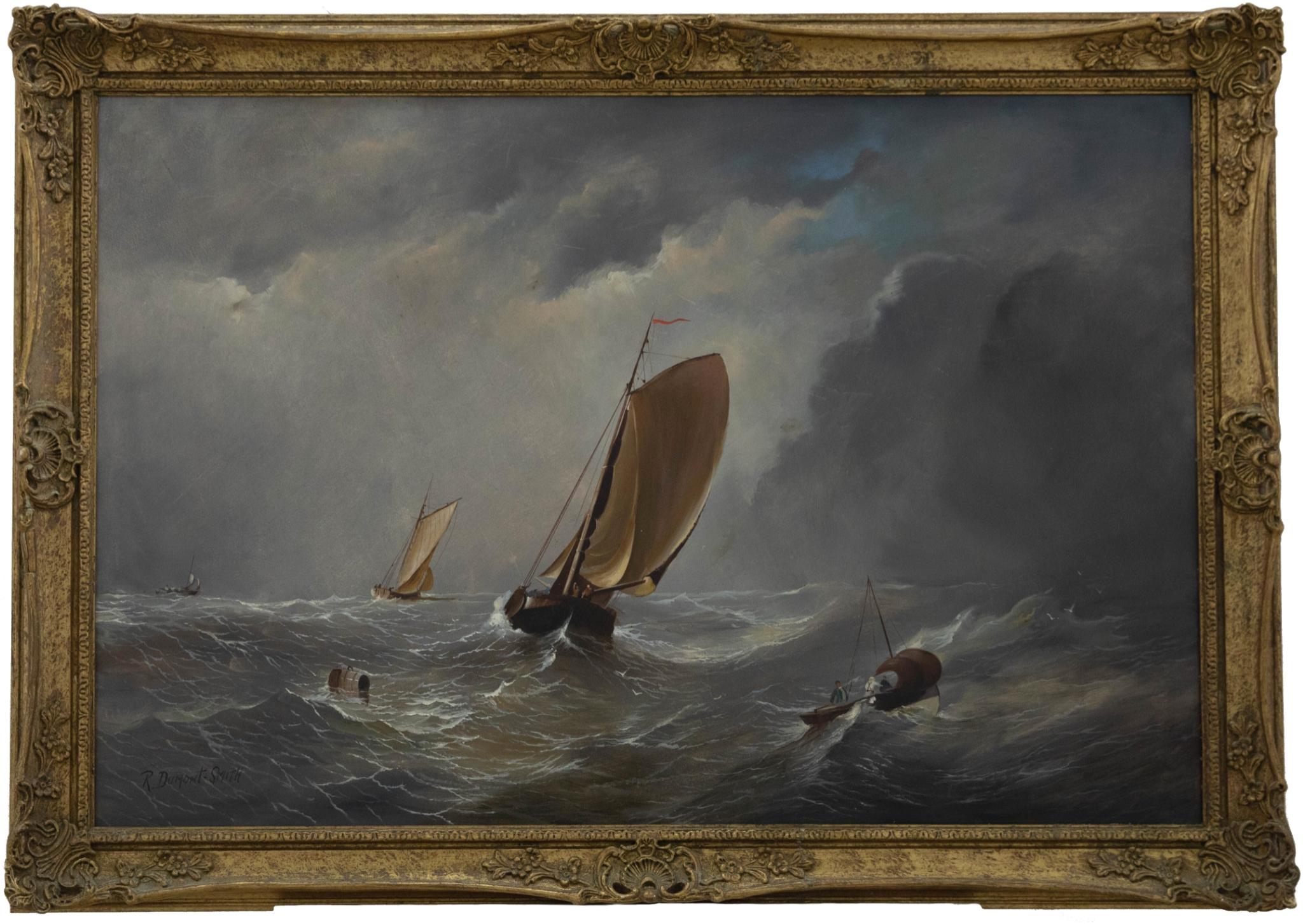 A striking and atmospheric seascape, showing a group of small boats being tossed on churning waters as an ominous storm brews overhead. The artist has signed to the lower left corner and the painting has been presented in a 20th Century gilt effect