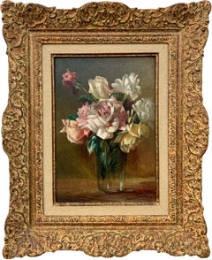 Peinture de nature morte de fleurs de roses dans un vase par un artiste britannique du 20e siècle