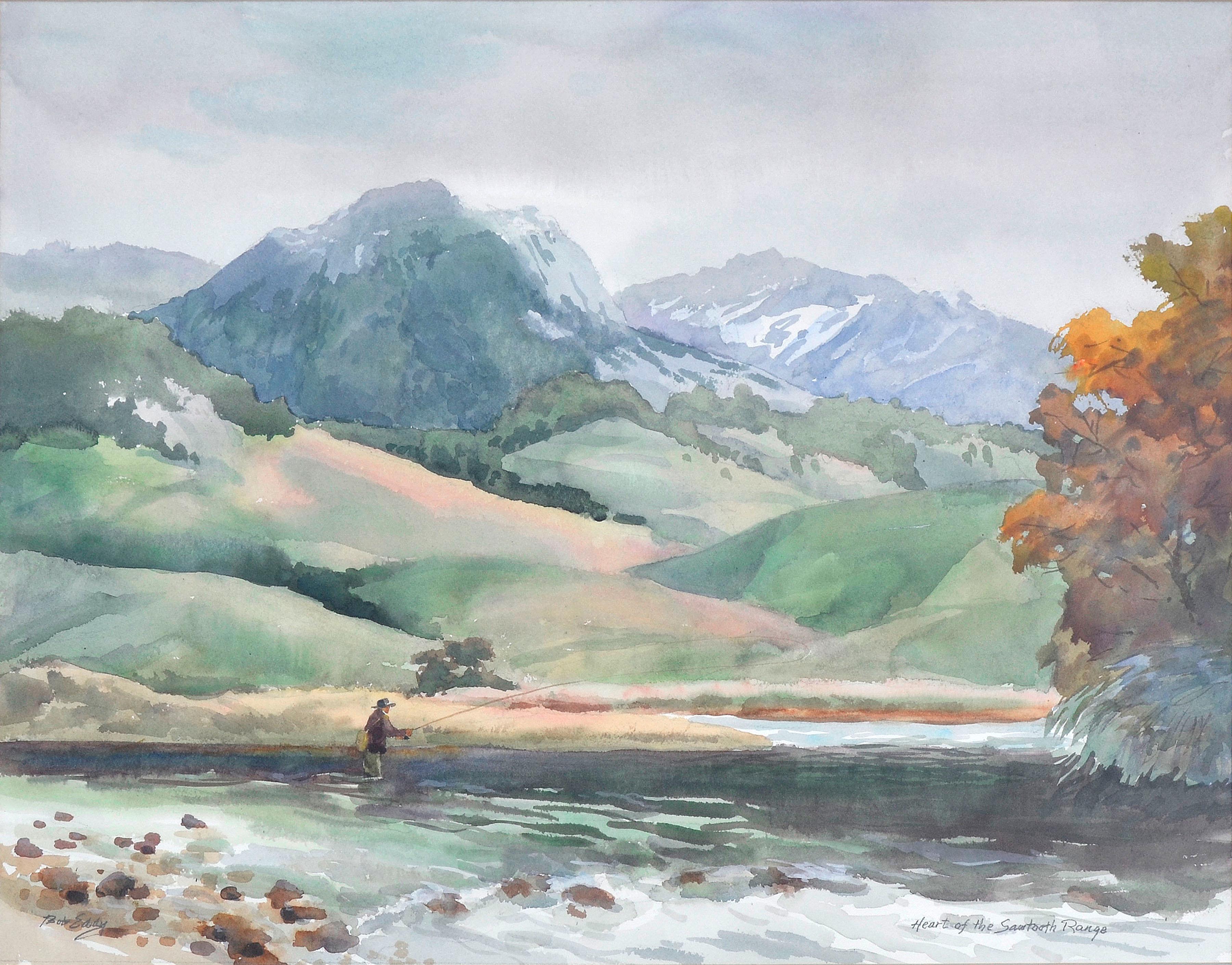 Fly Fishing in the Heart of the Sawtooth Range - Landscape - Painting by Robert E. Eddy