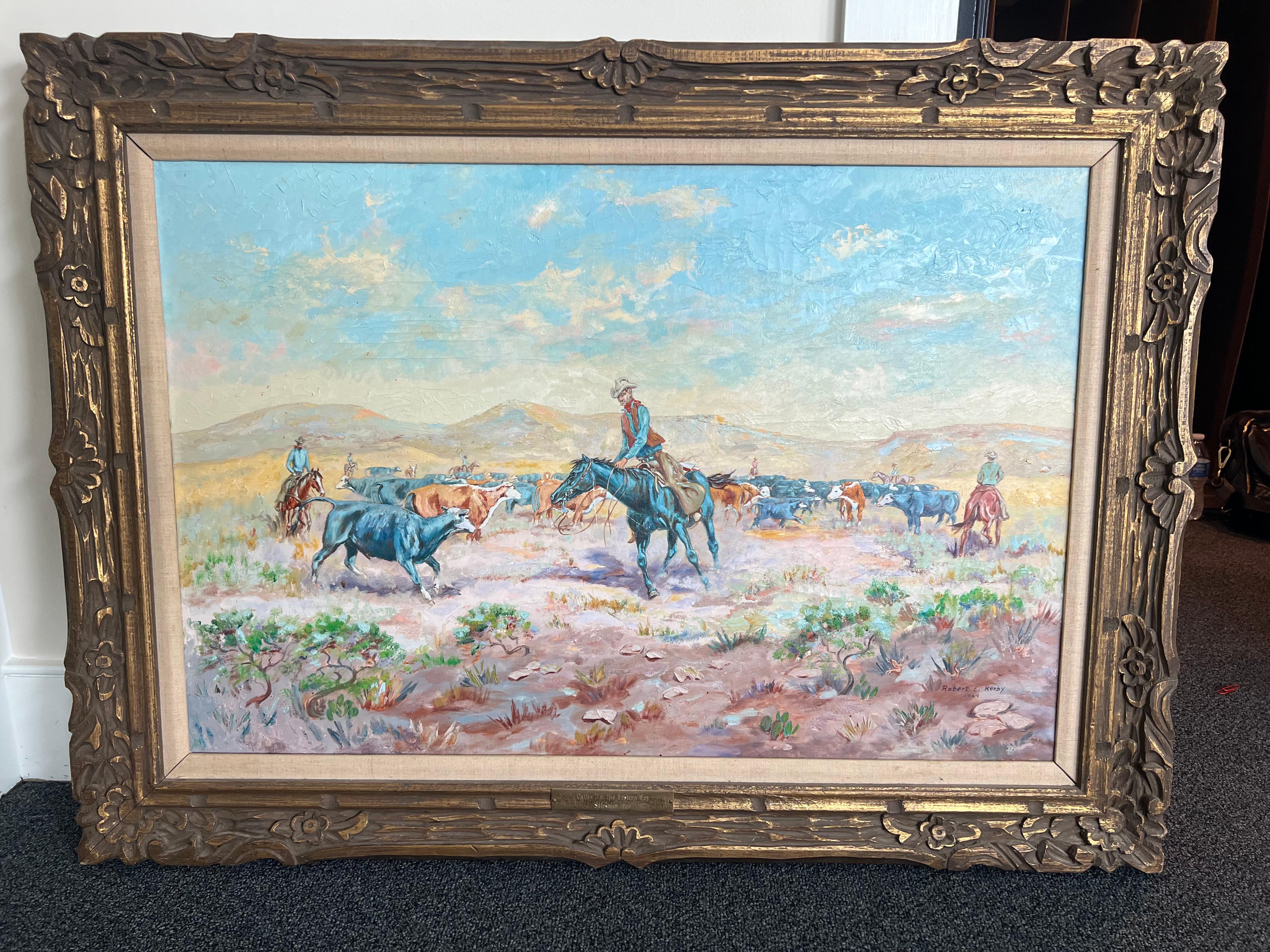 Cuttin 'em the Western Way - Quadro western con cowboy che pascolano il bestiame - Painting di Robert E. Kerby