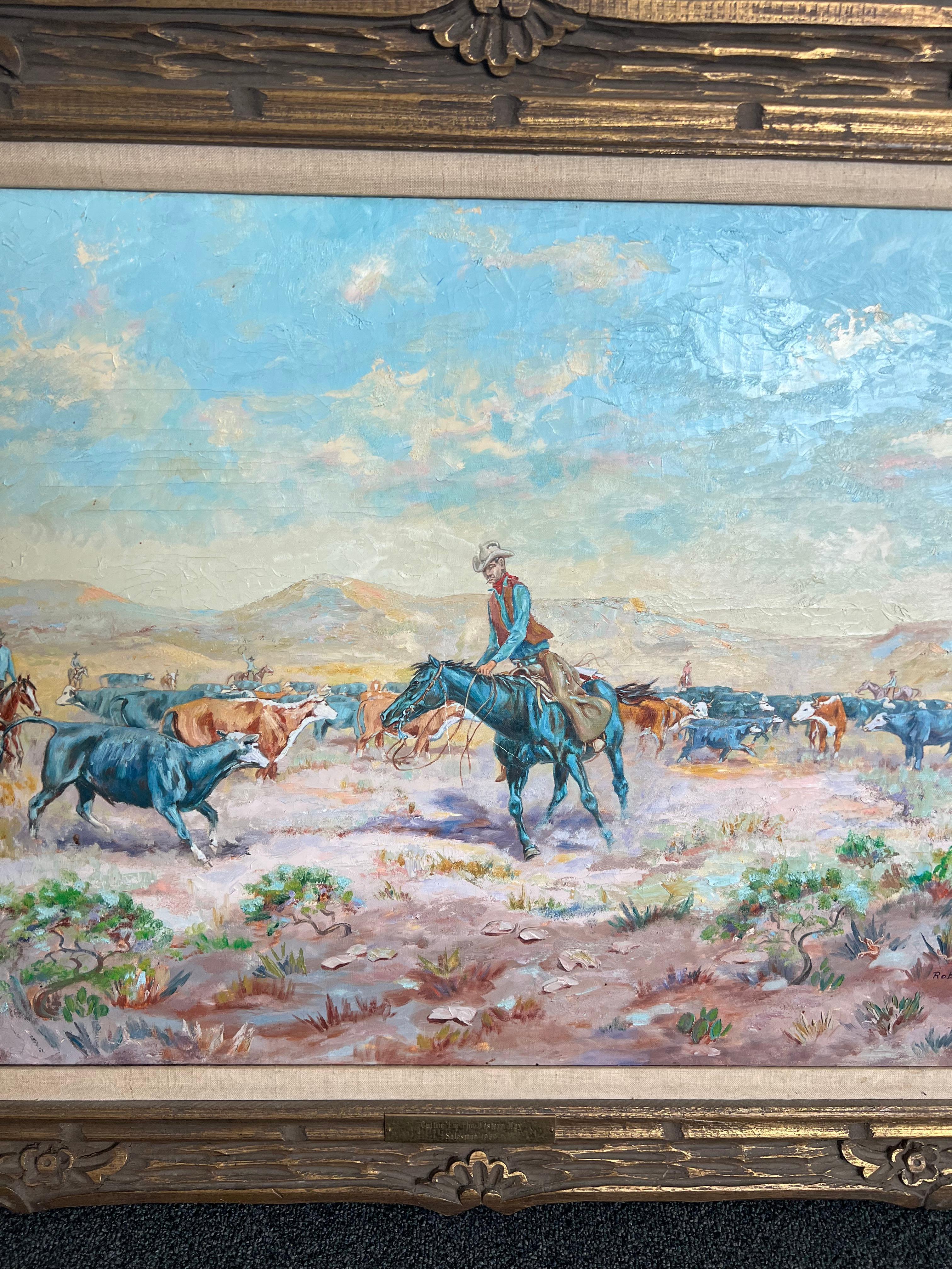Cuttin 'em the Western Way - Quadro western con cowboy che pascolano il bestiame - Animal Painting Grigio di Robert E. Kerby