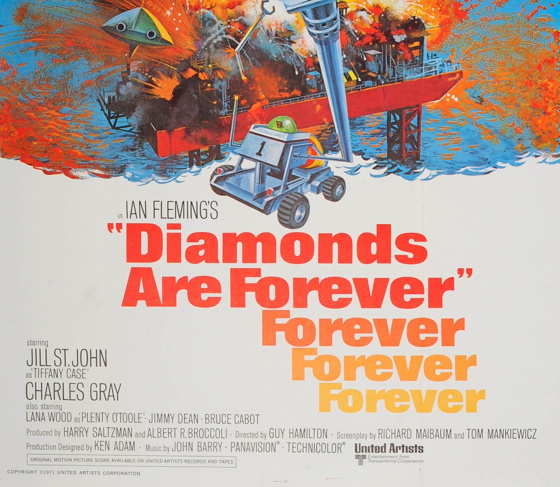 Affiche vintage originale de trois feuilles pour le film classique de 007 Les diamants sont éternels avec Sean Connery dans le rôle de James Bond, Jill St. John dans le rôle de Tiffany Case, Charles Gray dans le rôle de Blofeld et Lana Wood dans le