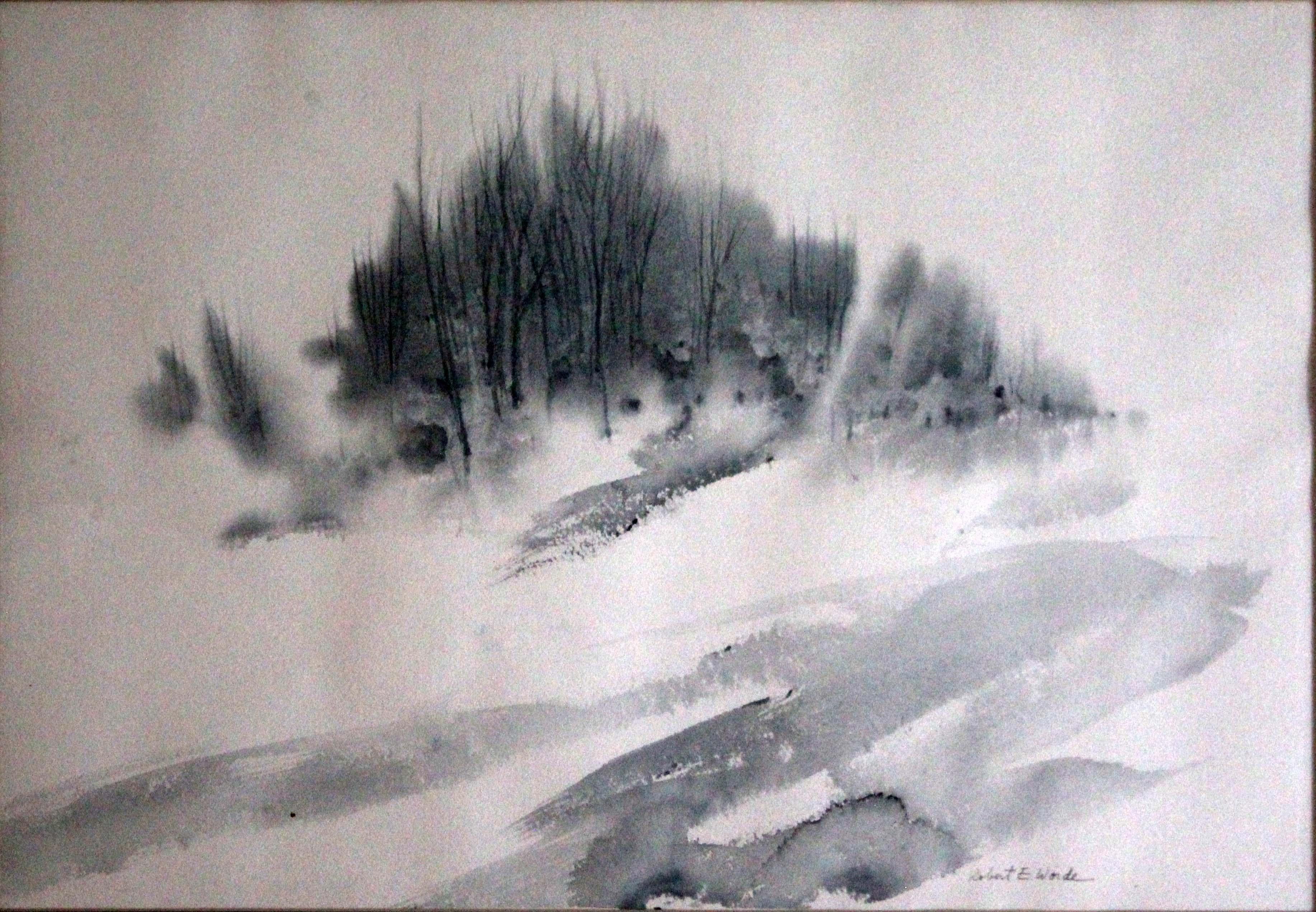 A somber and contemplative original watercolor depicting a landscape in grey scale by American artist Robert E Woide. Proceeds from this sale will be donated to The Sight Center of Northwest Ohio and Southeast Michigan, which helps people of all