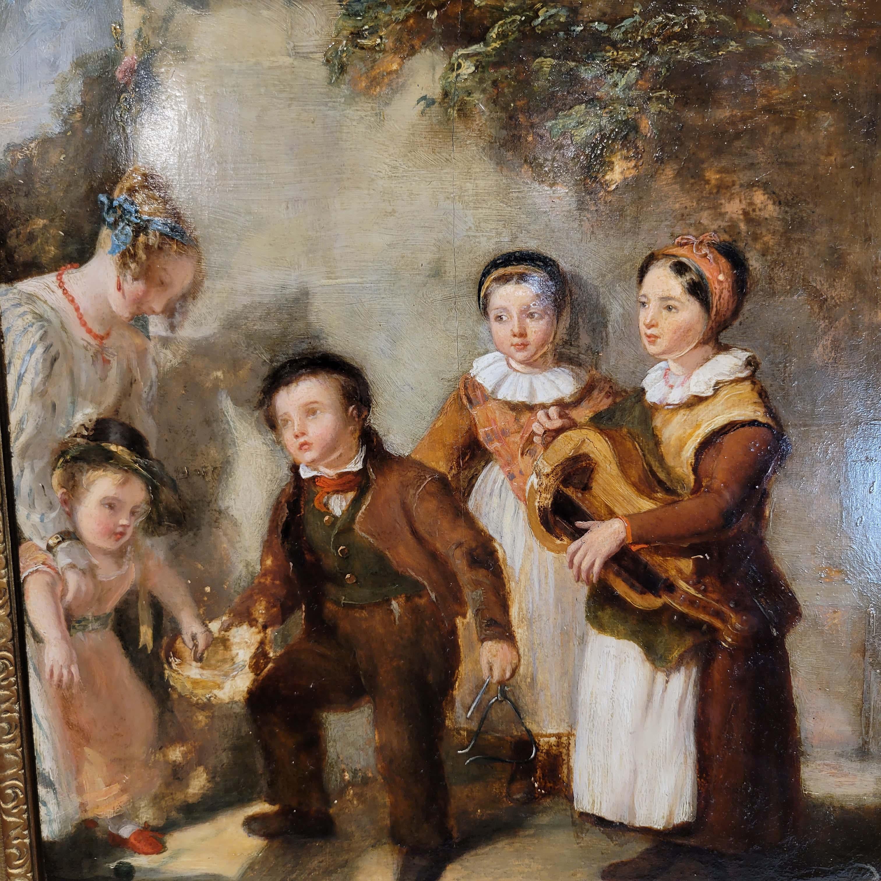A charming painting on board depicting a genre scene of two sisters and their brother as performers and a young girl along with her mother putting money in their basket. Signed on lower right Robert Edmonstone and dated 1828 or 1827, It is kinda