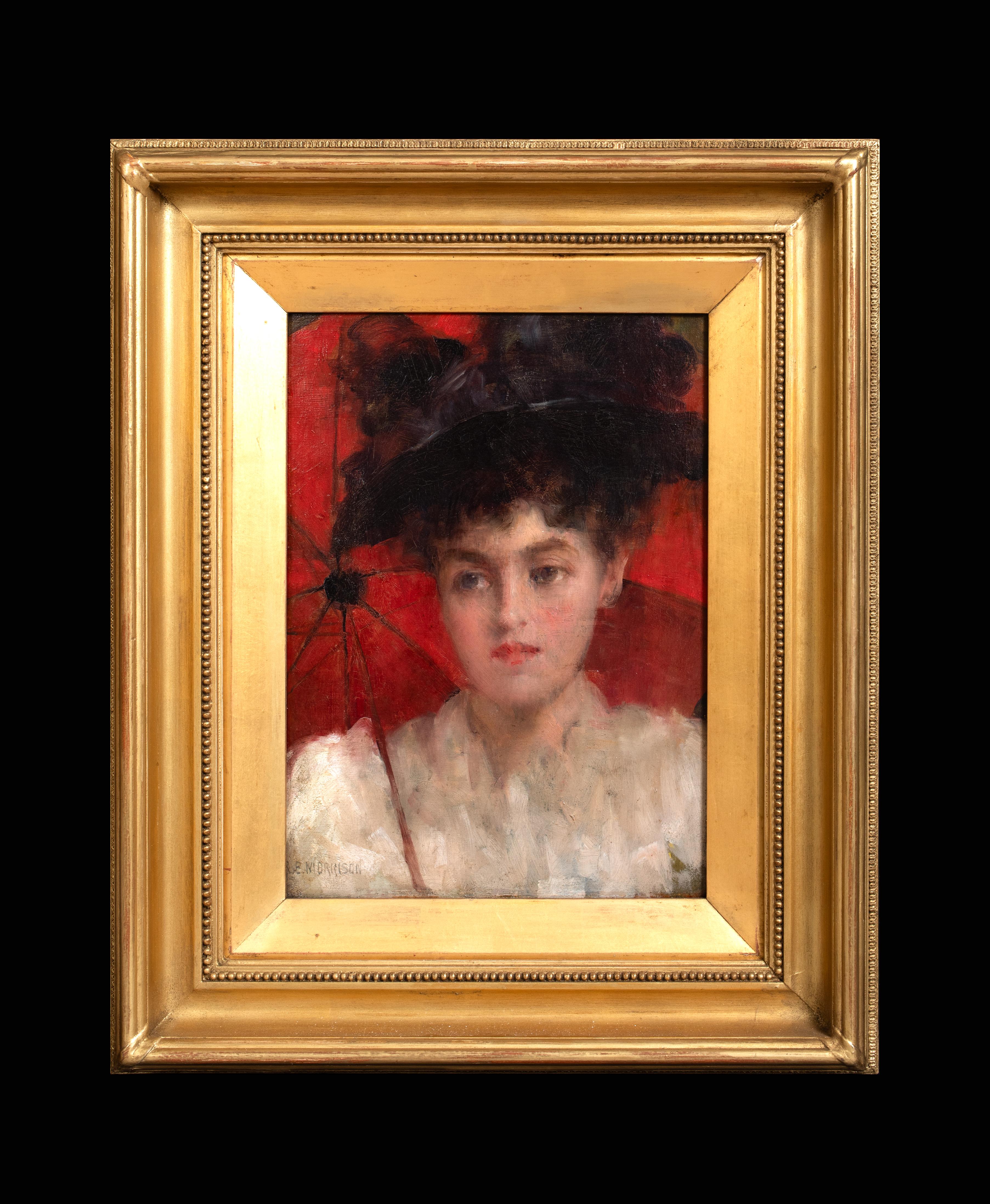 Portrait Of A Lady With A Red Parasol, circa 1900  by Robert Edward MORRISON  - Painting by Robert Edward Morrison