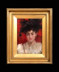 Portrait Of A Lady With A Red Parasol, circa 1900  by Robert Edward MORRISON