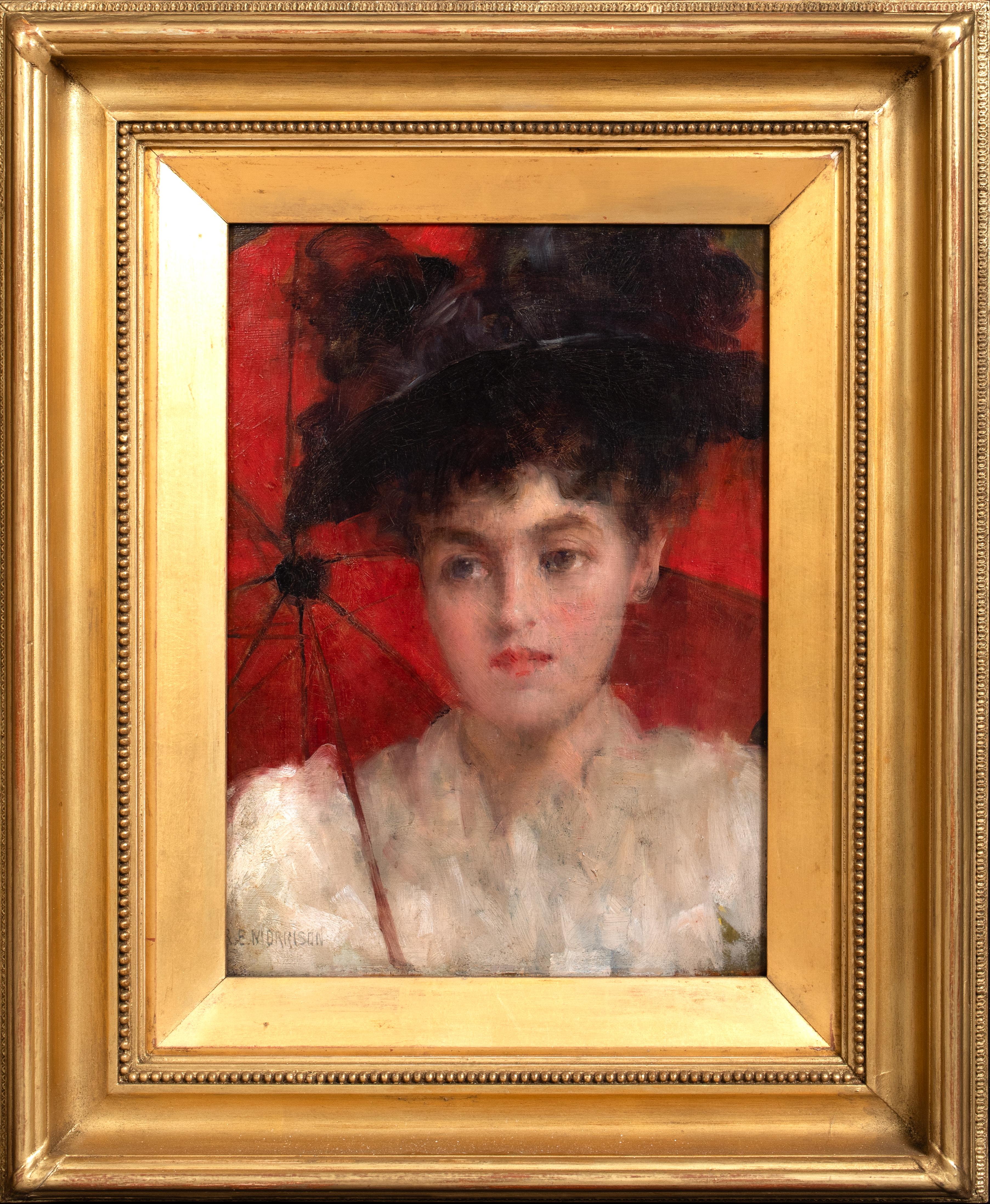 Robert Edward Morrison Portrait Painting - Portrait Of A Lady With A Red Parasol, circa 1900  by Robert Edward MORRISON 