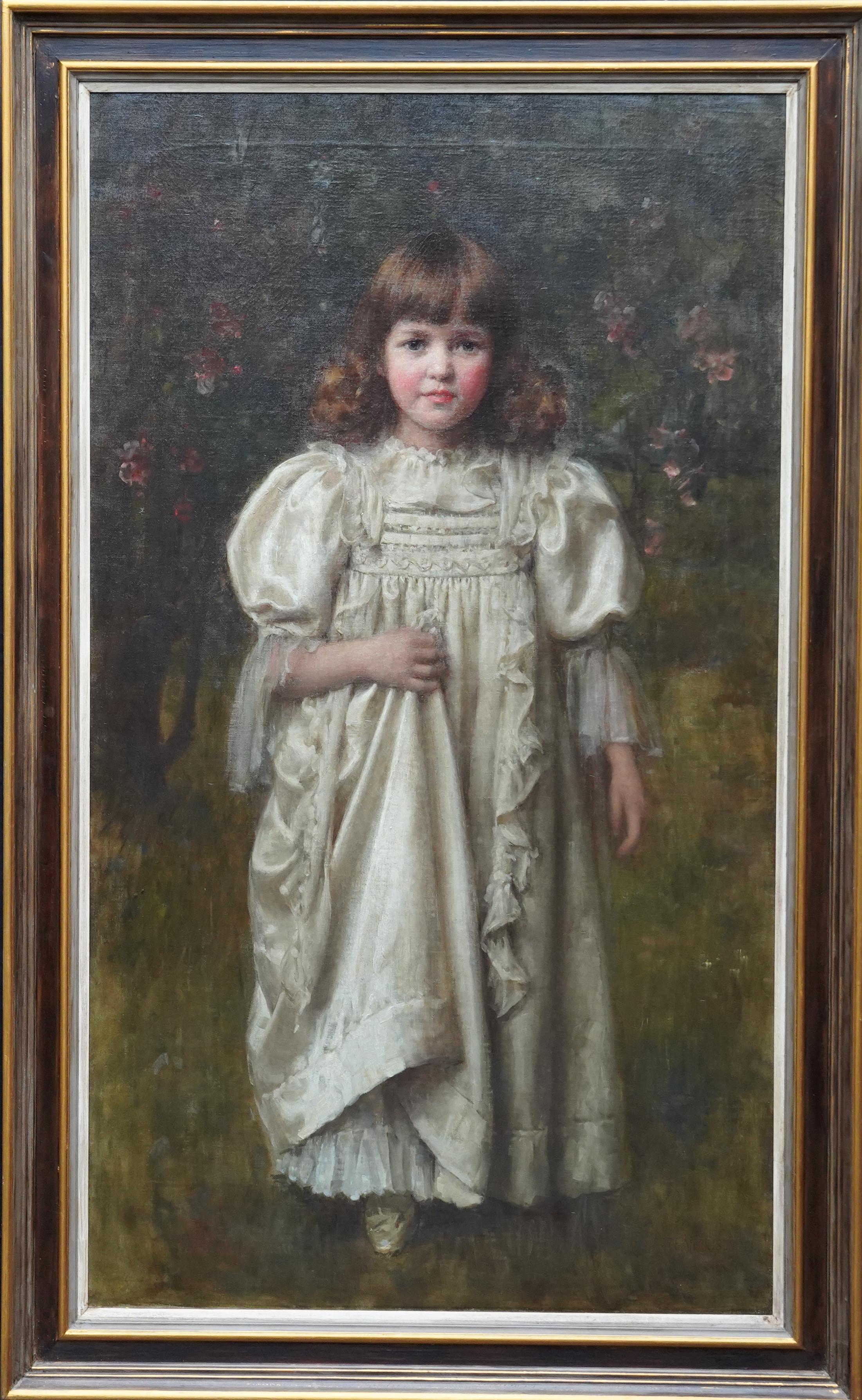 Portrait of a Young Girl in a White Dress - British Edwardian art oil painting For Sale 7