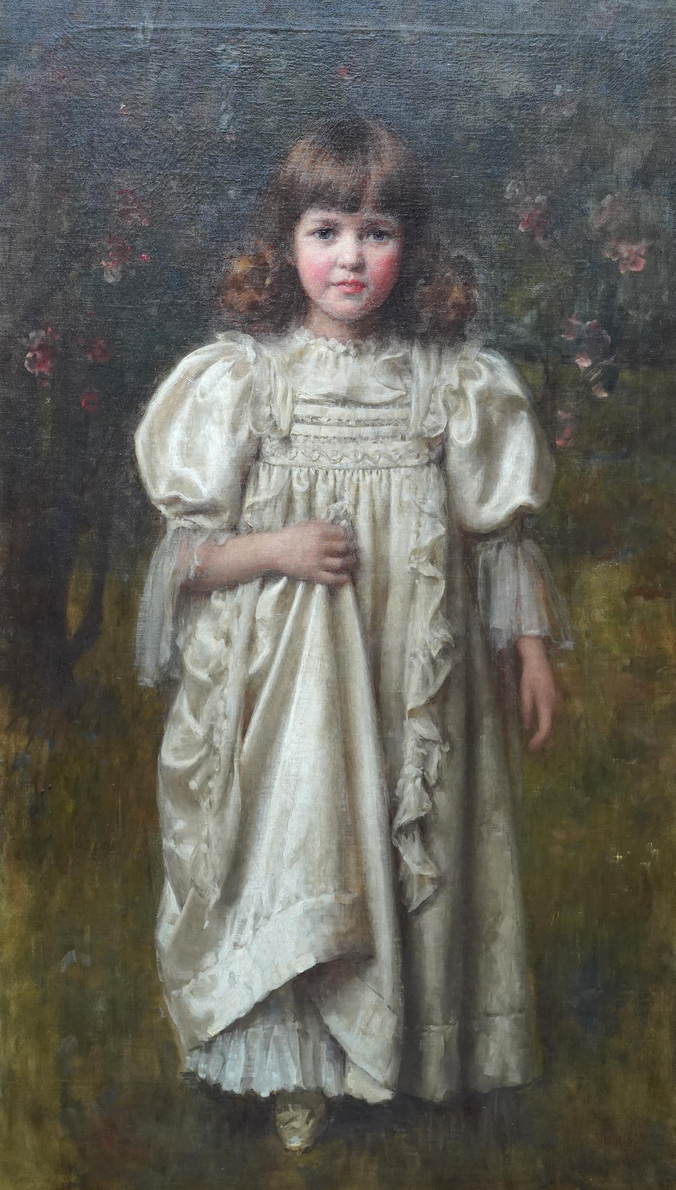 Portrait of a Young Girl in a White Dress - British Edwardian art oil painting - Painting by Robert Edward Morrison