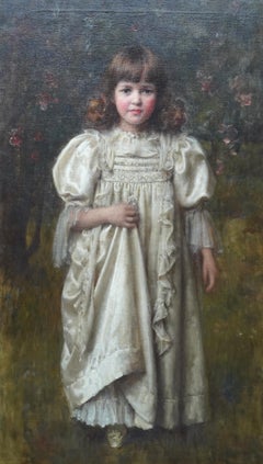 Portrait of a Young Girl in a White Dress - British Edwardian art oil painting