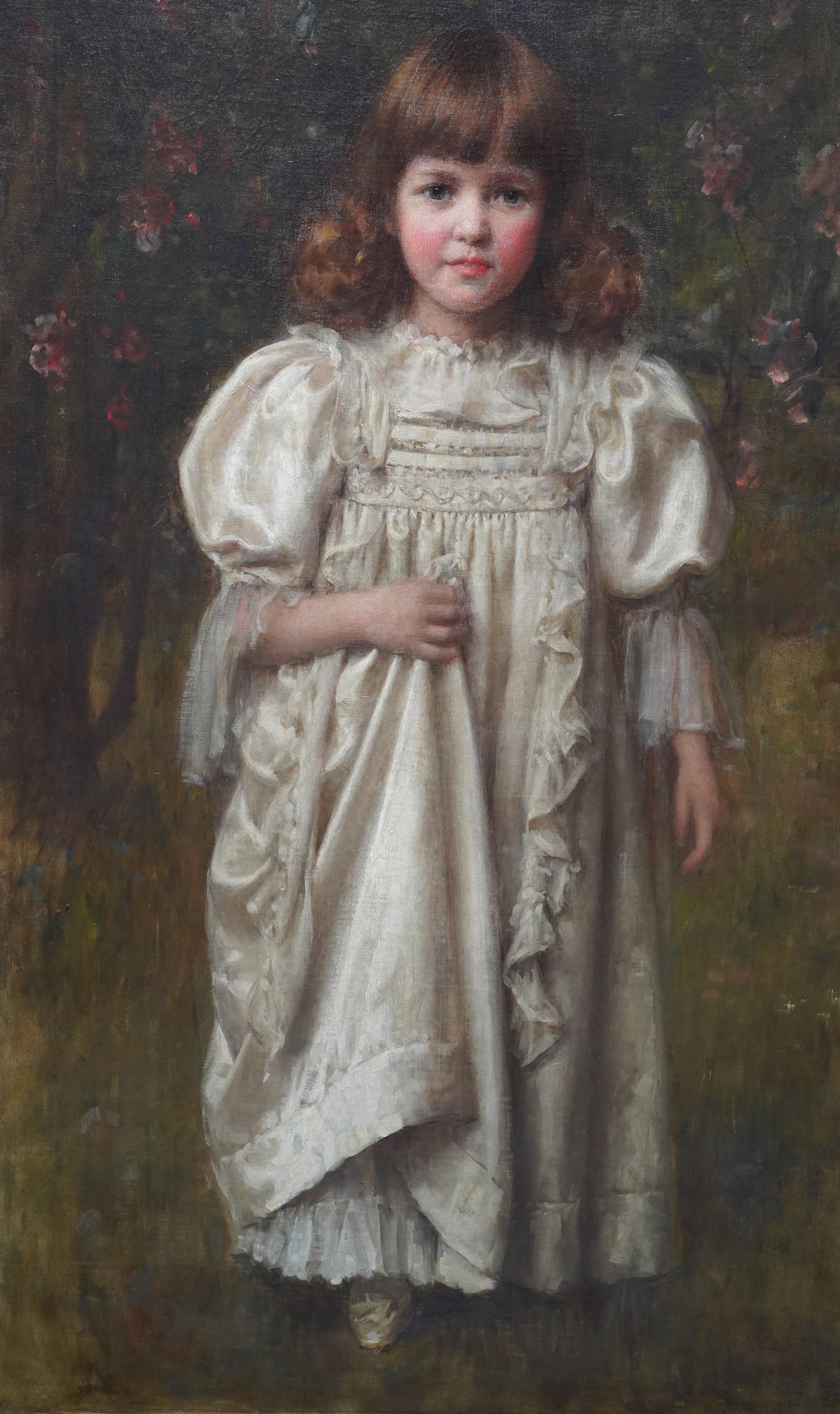 Portrait d'une jeune fille dans une robe blanche - Peinture à l'huile d'art édouardienne britannique - Préraphaélite Painting par Robert Edward Morrison