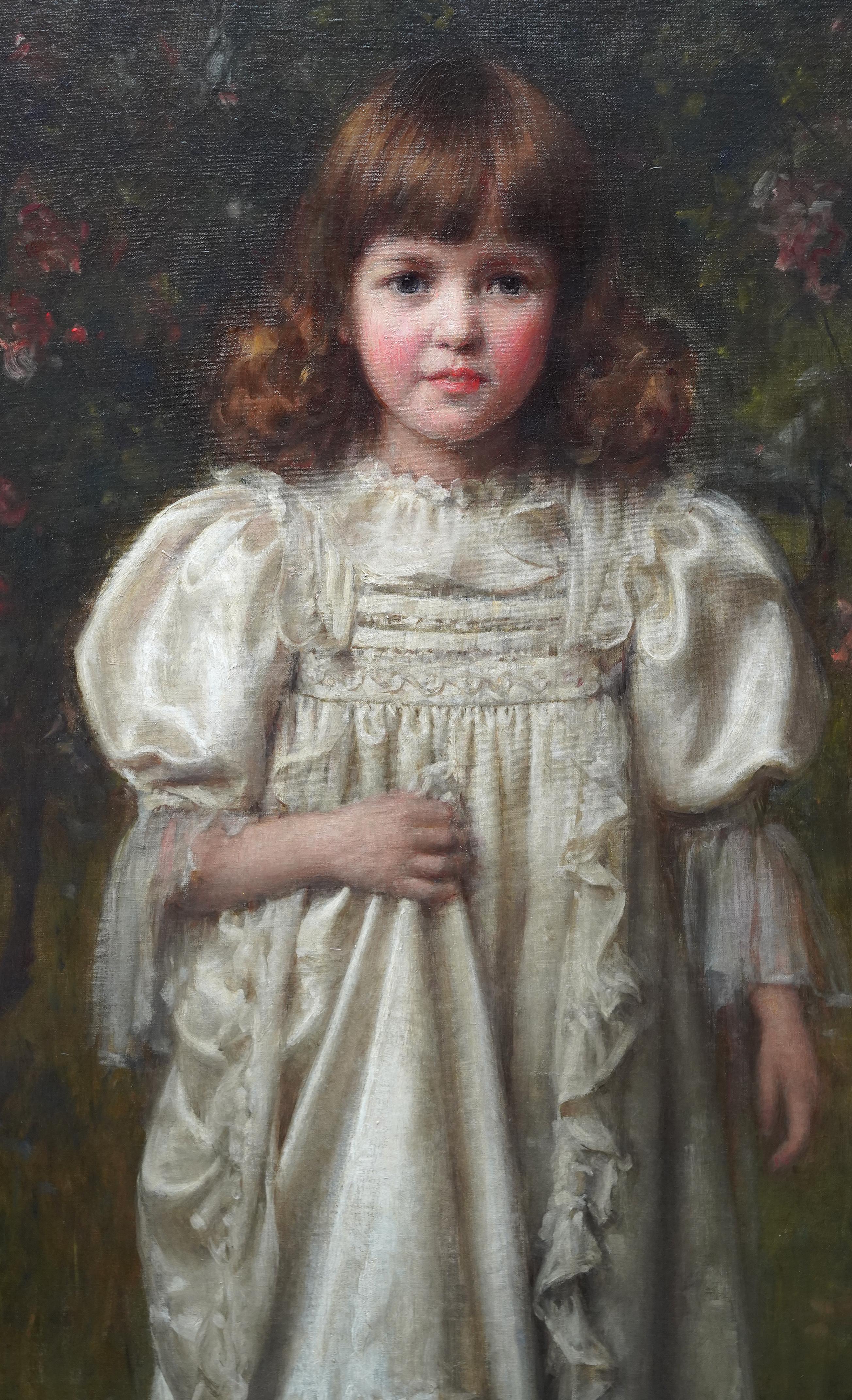 Portrait d'une jeune fille dans une robe blanche - Peinture à l'huile d'art édouardienne britannique en vente 1