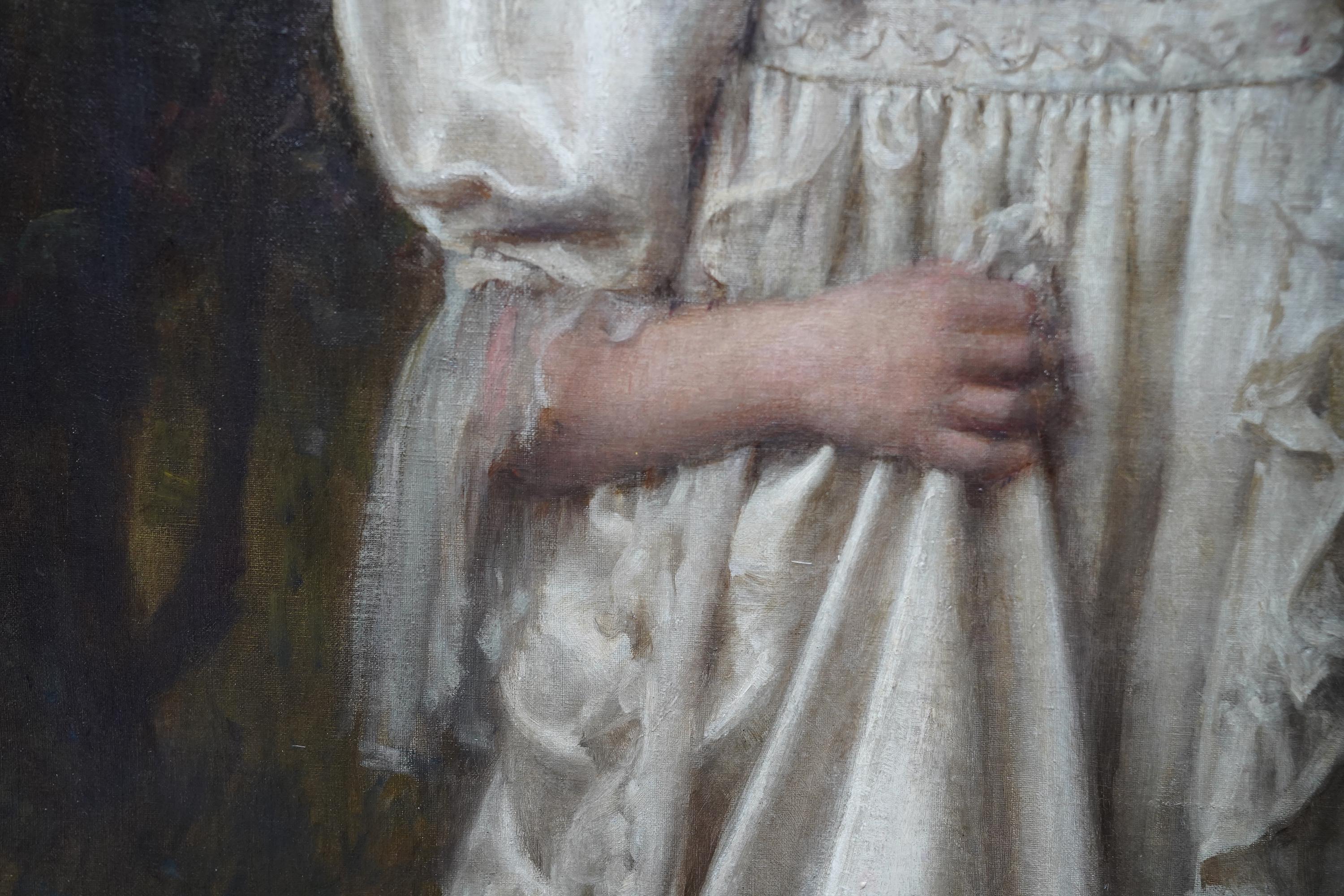 Portrait of a Young Girl in a White Dress - British Edwardian art oil painting For Sale 1
