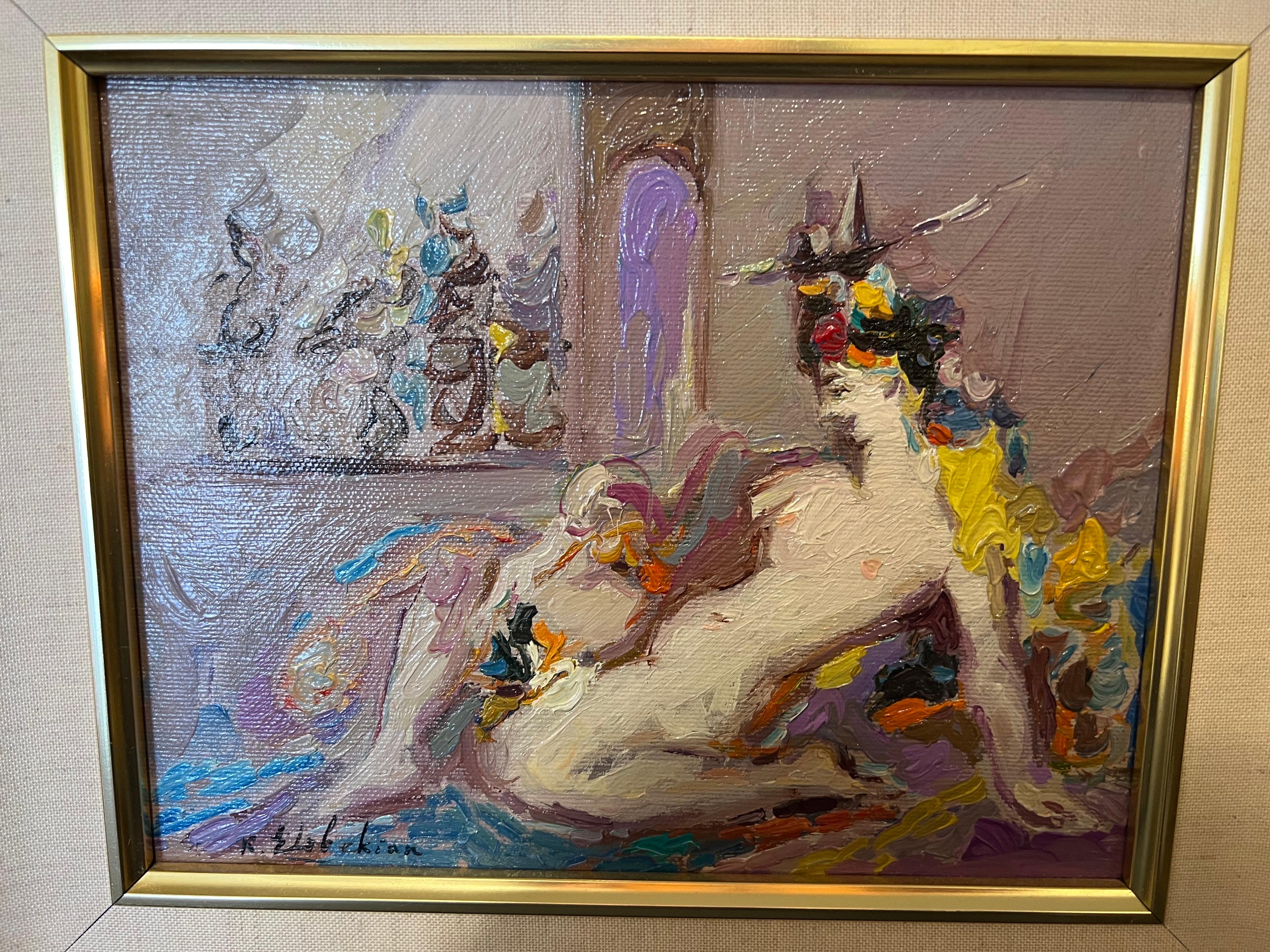 La signora sul palco - Figurative Painting Grigio di Robert Elibekyan
