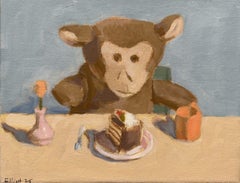 “Cake” figurative, oil painting of a monkey eating cake