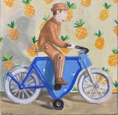 “Man on Bicycle” oil painting of mechanical figurine riding bike, whimsical fun
