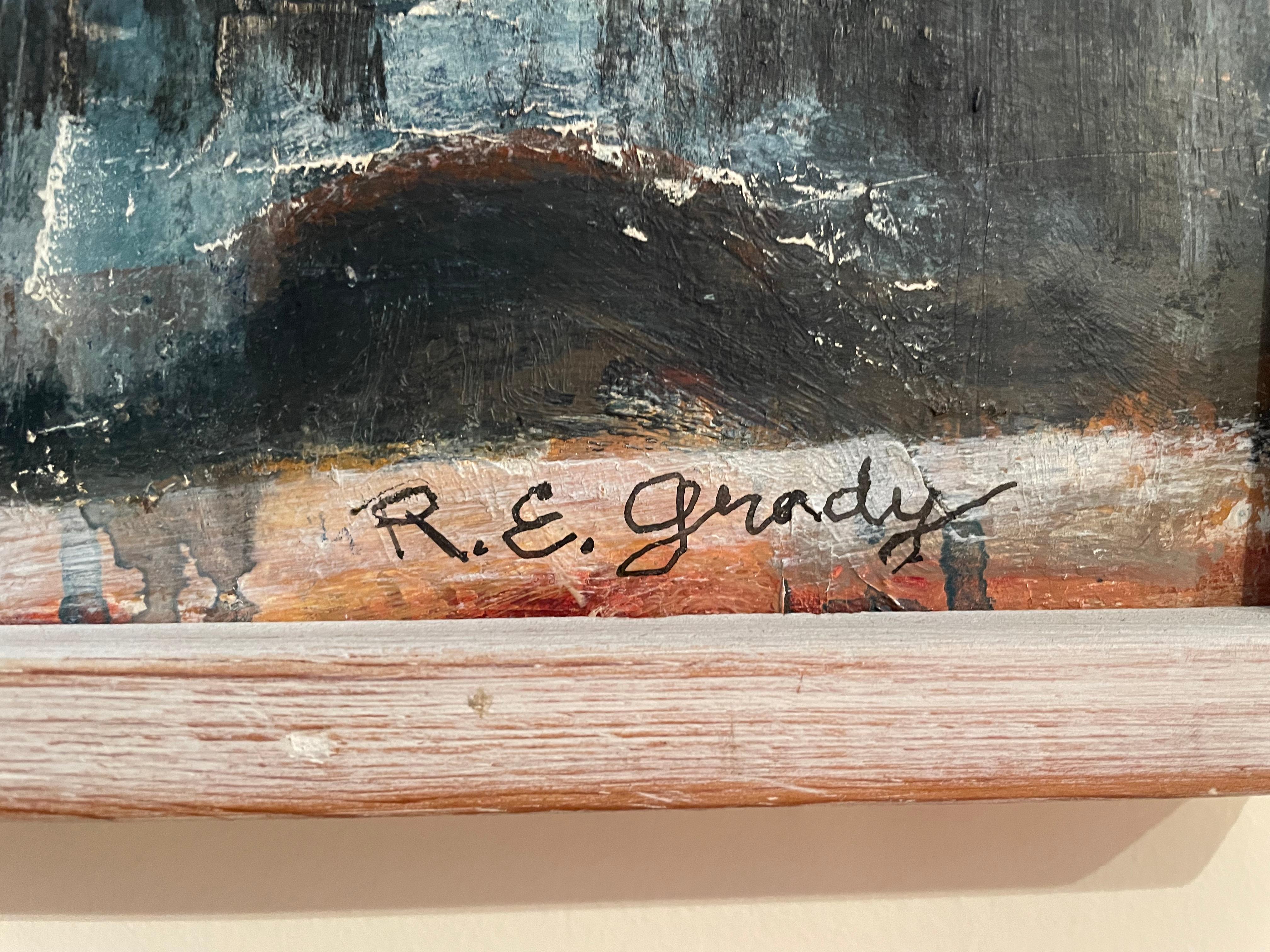 Quadro originale di Robert Emmet Grady ad olio su masonite. Ricchi strati di blu con grigio, nero, ruggine e un tocco di verde. E. Robert Grady è nato a Boston e ha frequentato le scuole di Arlington, MA, prima di entrare al Massachusetts College of