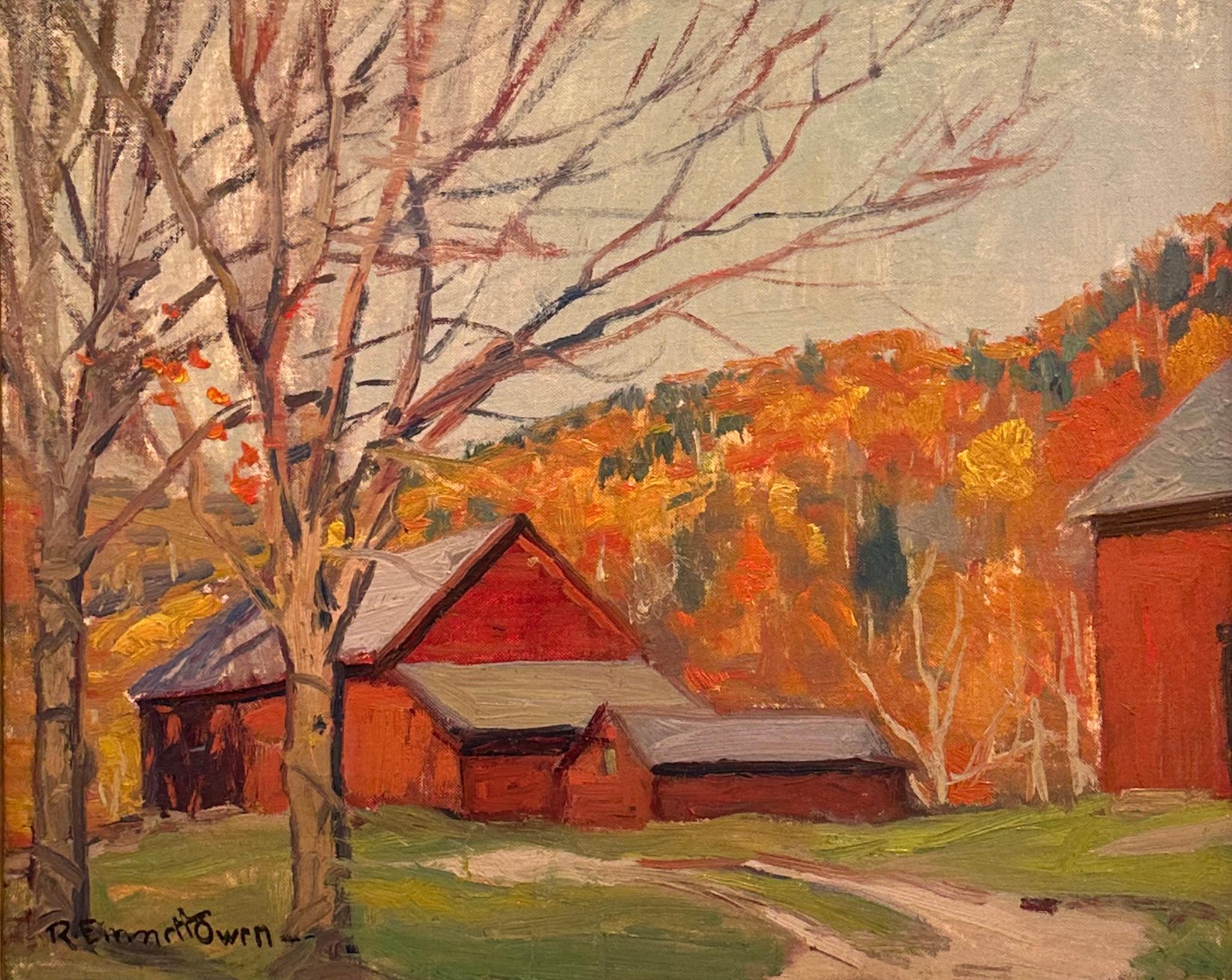 Dieses Ölgemälde des amerikanischen Künstlers Robert Emmet Owen fängt den Herbst in Neuengland mit Owens charakteristischer Wärme und impressionistischem Stil ein. Die in satten, leuchtenden Tönen gehaltene Komposition zeigt klassische rote Scheunen