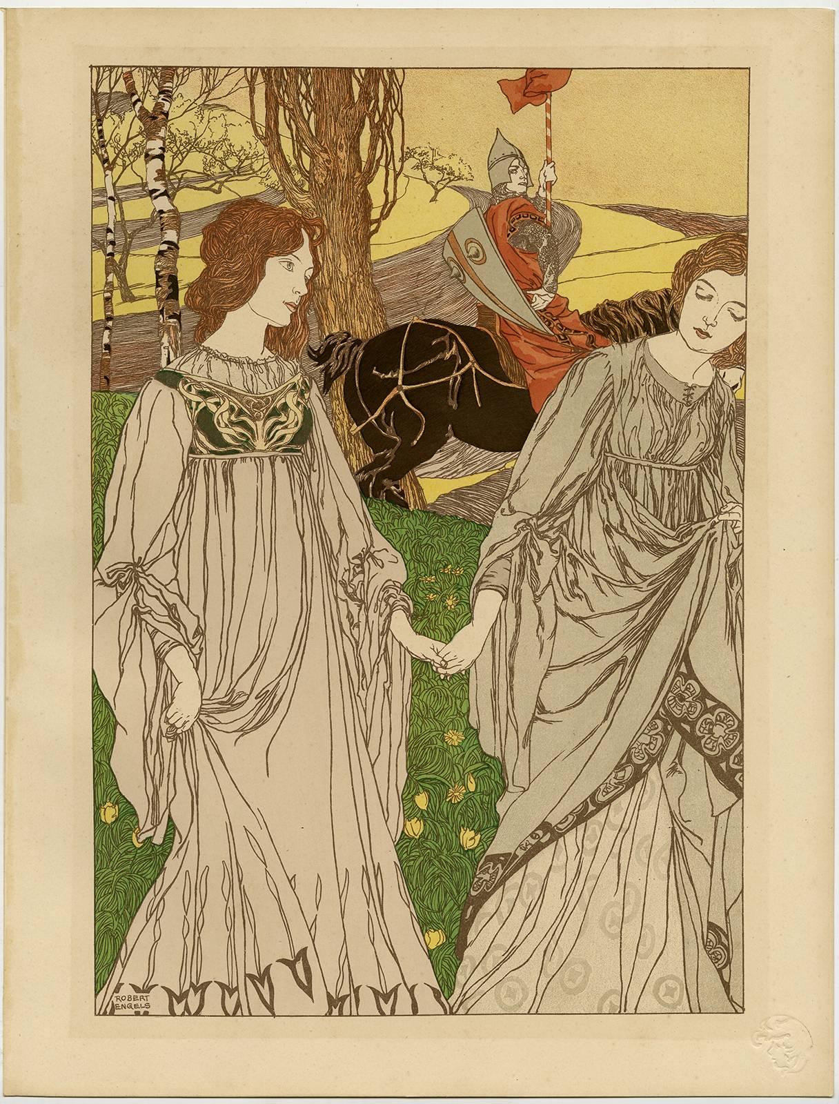 Robert Engels Figurative Print - Le Passant - Medieval figures in a landscape.