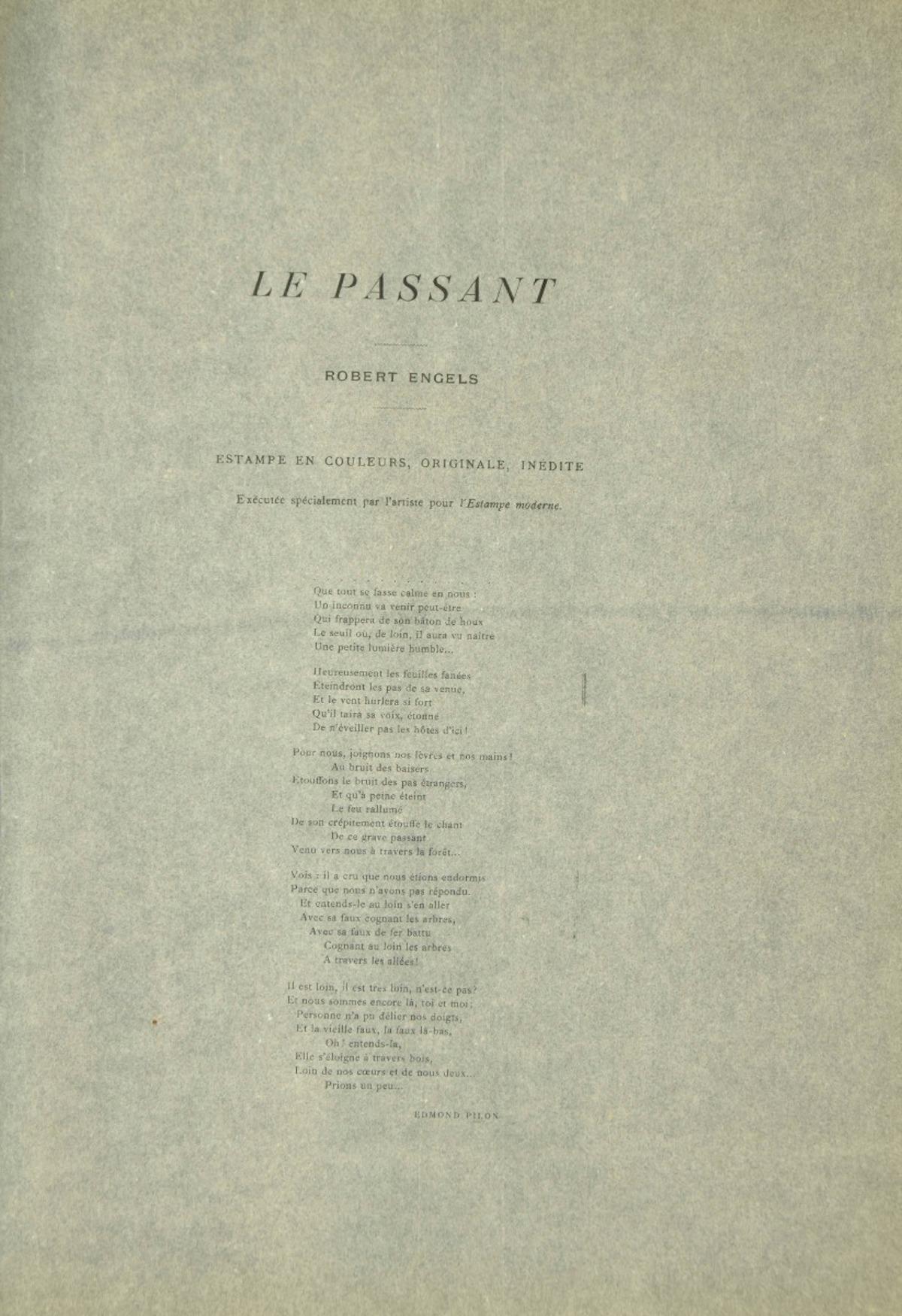 Le Passant  - Original Lithograph by R. Engels - 1898 - Print by Robert Engels