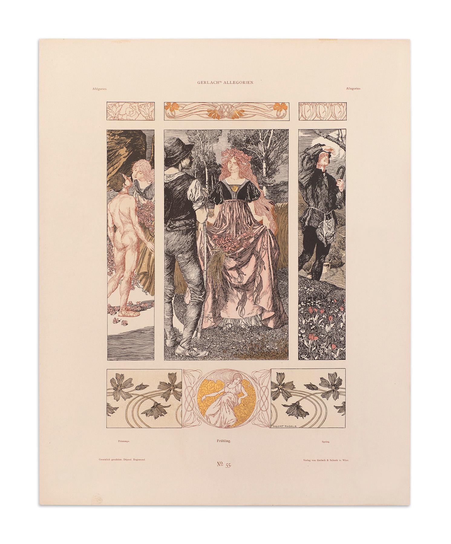 Spring von Robert Engels, Lithographie im mittelalterlichen Art nouveau-Stil mit Goldtinte, 1897 im Angebot 2