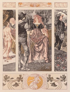 Spring von Robert Engels, Lithographie im mittelalterlichen Art nouveau-Stil mit Goldtinte, 1897