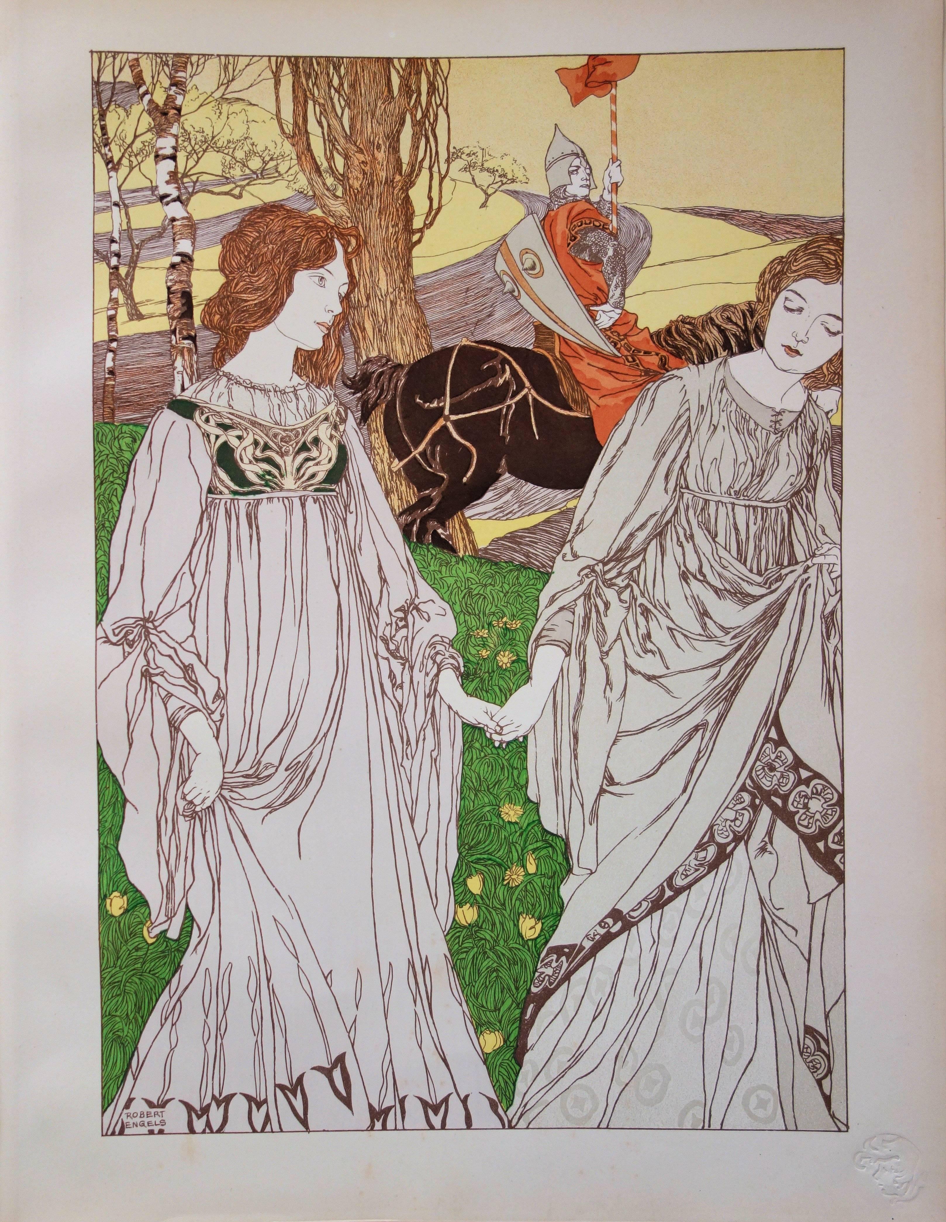 Robert Engels Figurative Print - Two Women and a Knight - Original lithograph (1897/98)