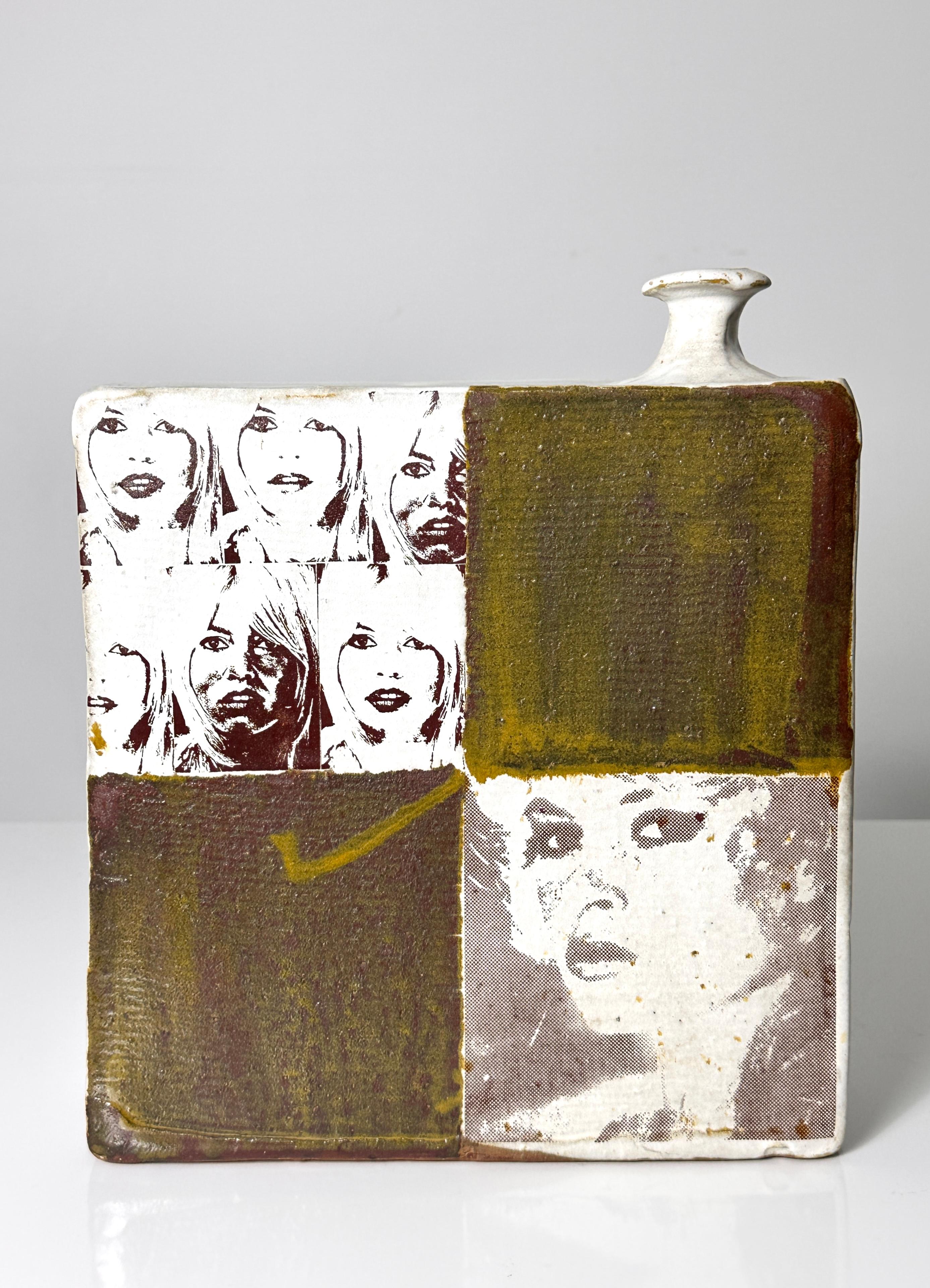 Stoneware vessel by Robert Engle circa 1960s
Square form with Bridgette Bardot photographic transfer and off center spout
An exceptional example of his work
Signed to underside