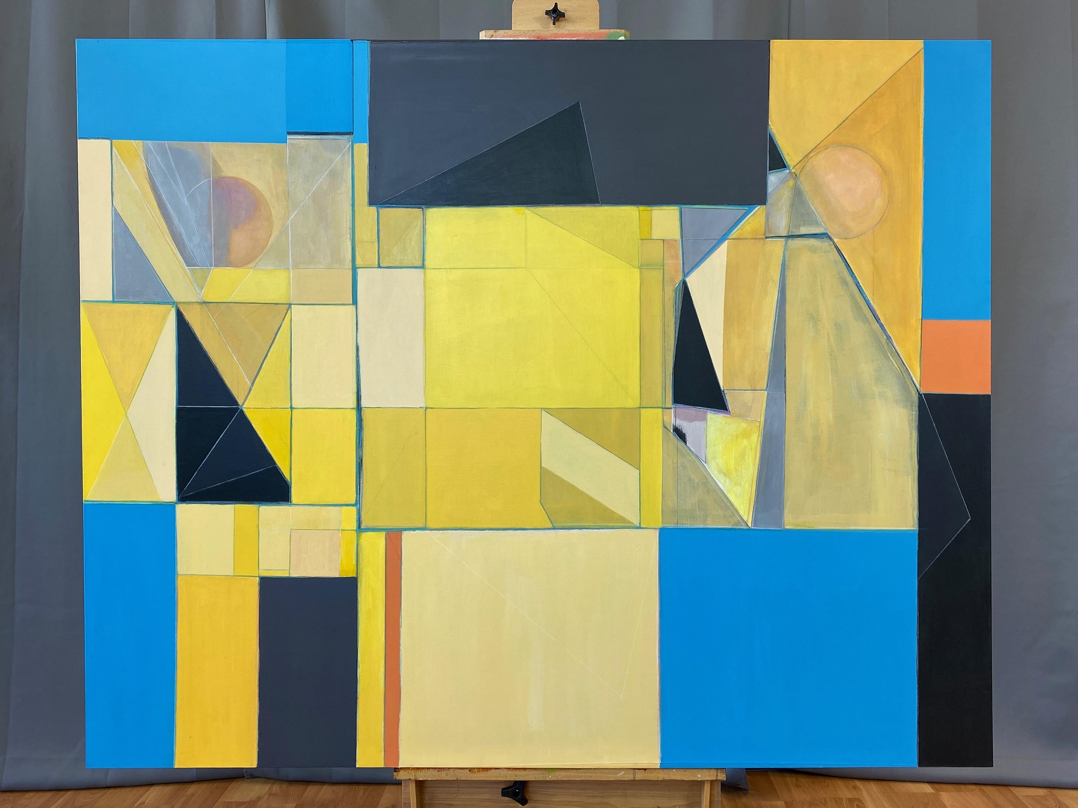 A very large and impactful mid-1990s cubist style abstract expressionist acrylic painting titled “Etheric Double” by Robert English.

Crisply drafted lines meet and intersect to create a dynamic array of geometric forms. Bright cerulean blue