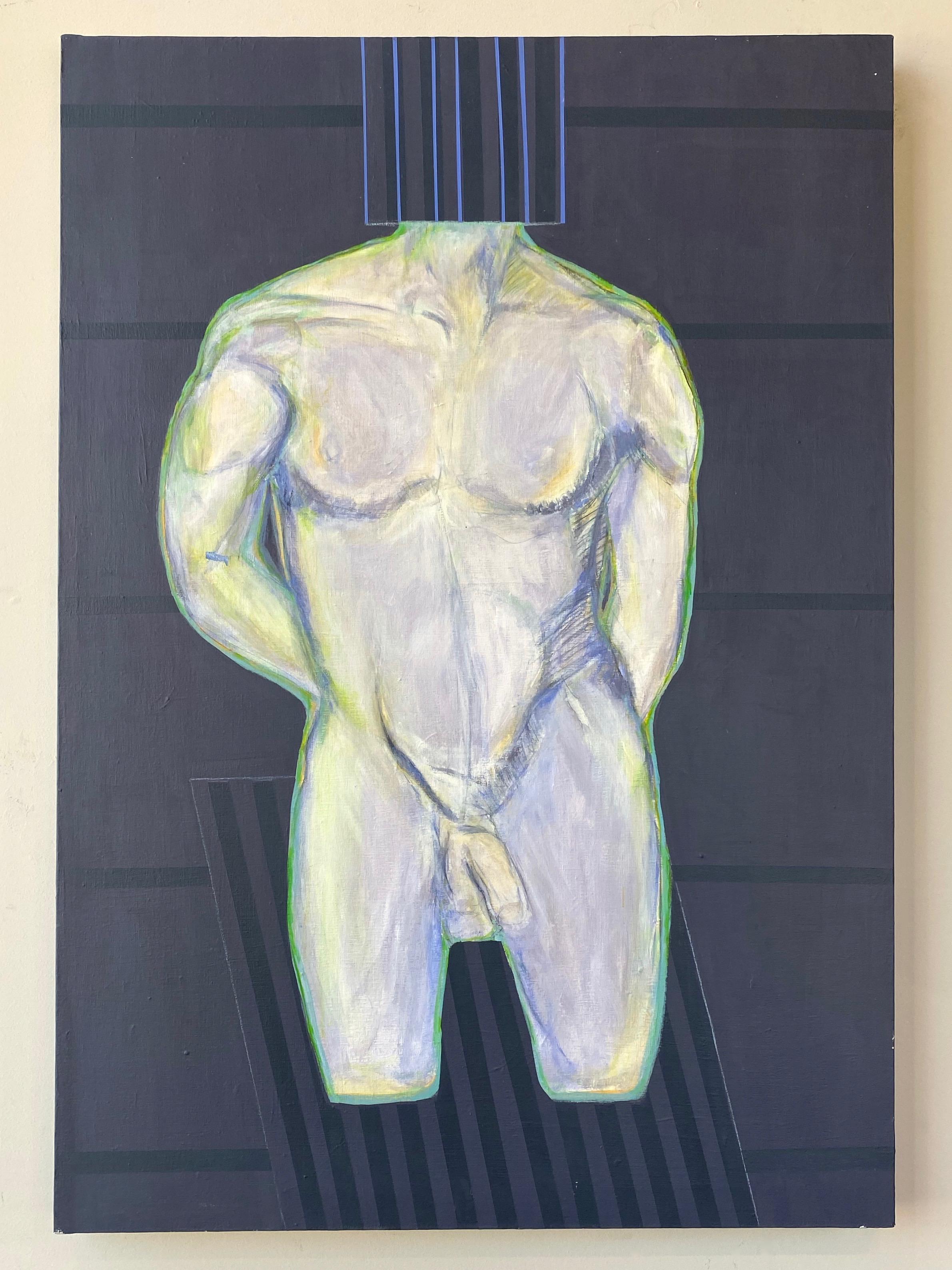 A 1980s large and arresting abstract expressionist acrylic portrait painting of a male nude torso by Robert English.

Very well built gentleman sans head and lower legs strikes a confidently casual pose. Nicely rendered figure study-like subject is