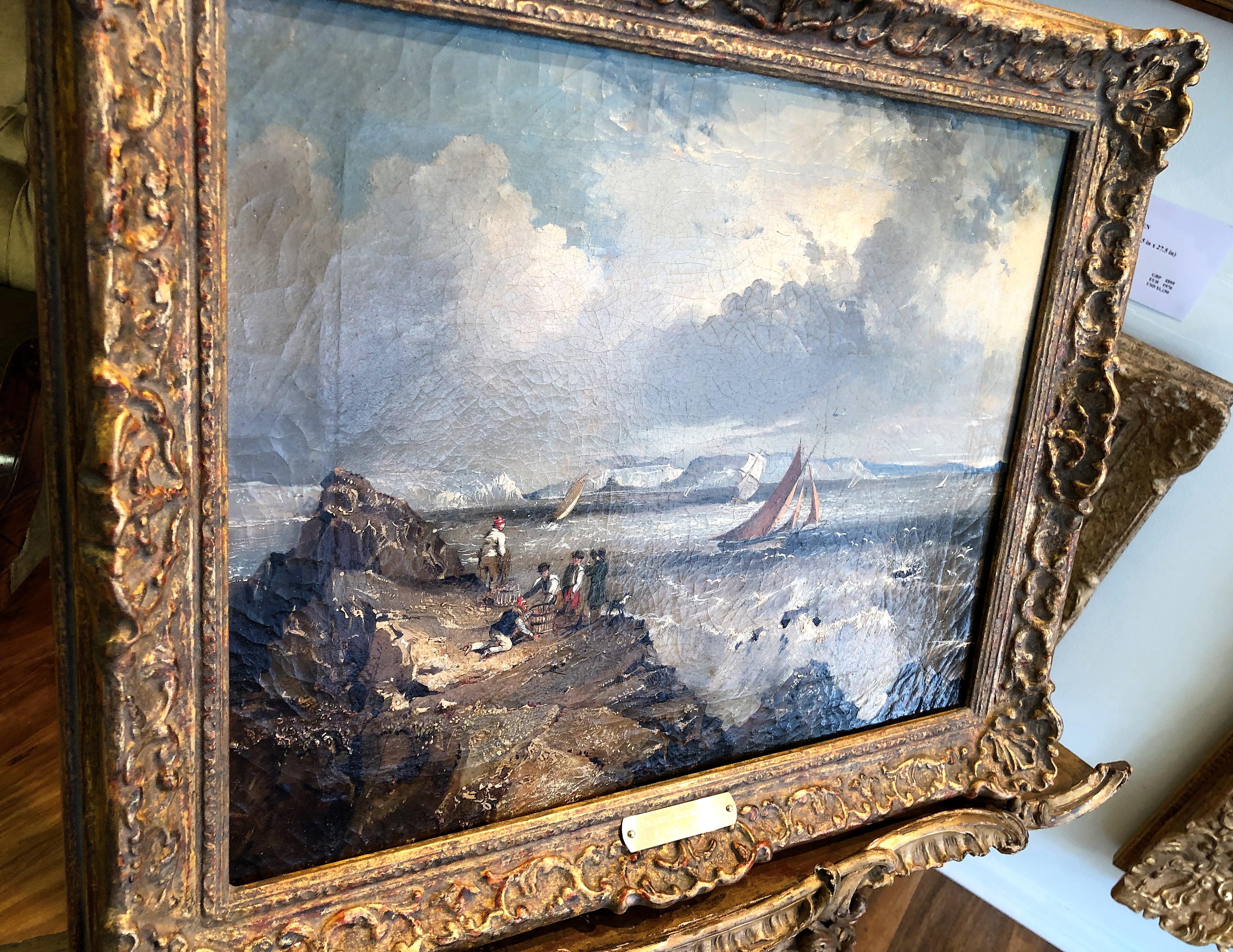 OIL PAINTING 19th Century By Robert E . Roe  British old master Gold Gilt Frame  - Brown Landscape Painting by Robert Ernest Roe