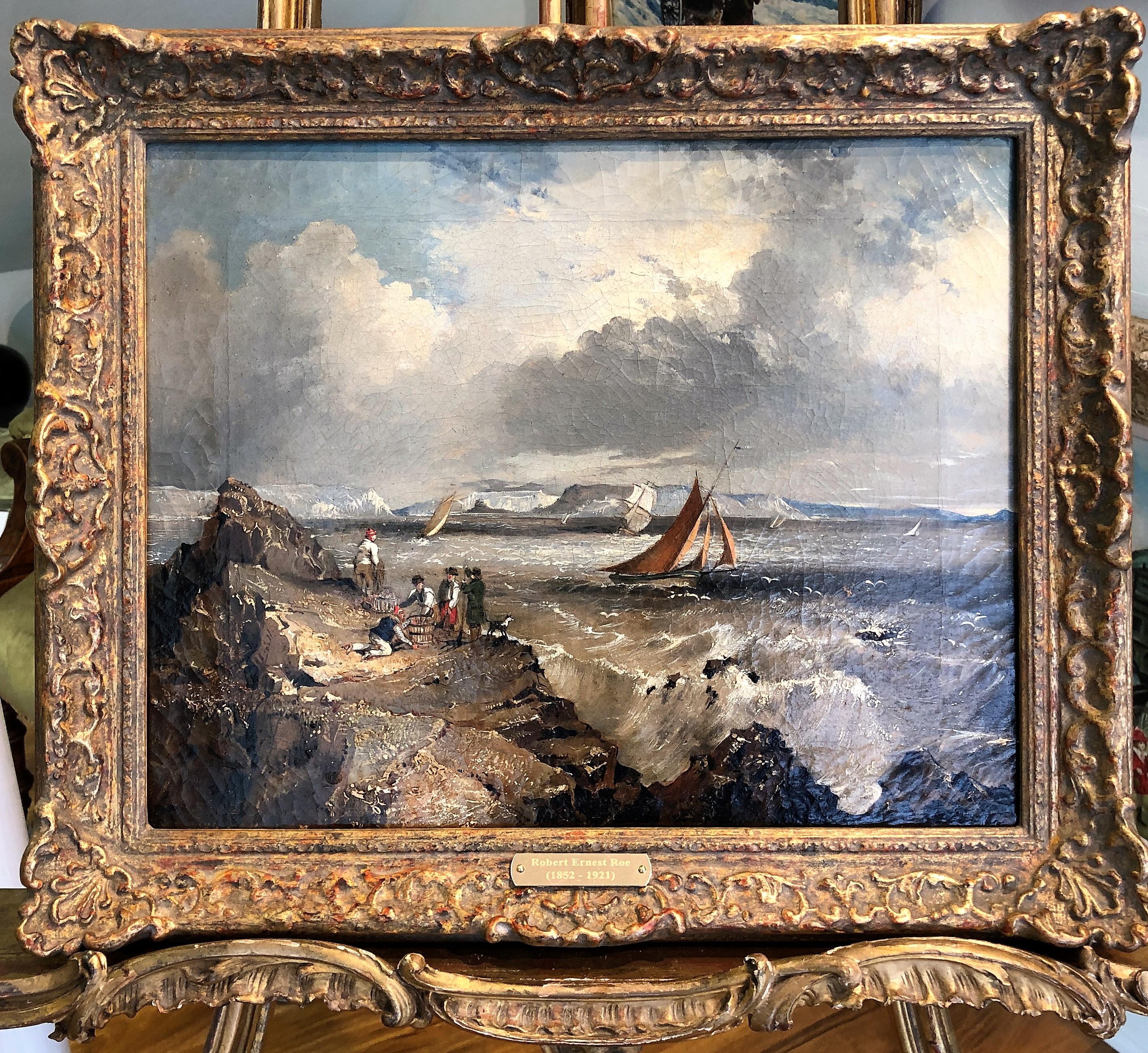 Landscape Painting Robert Ernest Roe - Peinture d'OIL du 19ème siècle par Robert E . Roe  Cadre en or doré de maître ancien britannique 