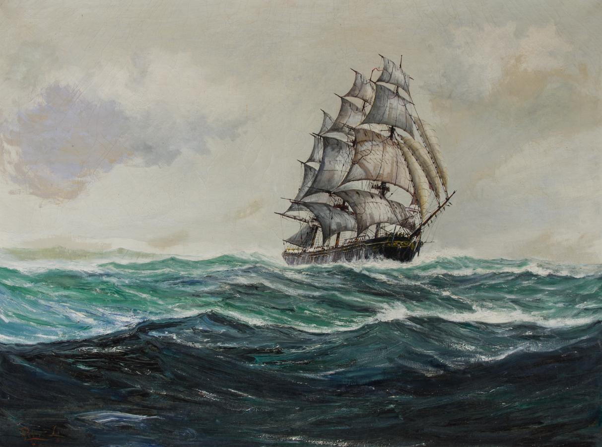 Wir sind stolz darauf, diese ausgedehnte maritime Landschaft des amerikanischen Künstlers Robert F. Lie (1899-1980) präsentieren zu können. Dieses bedeutende Ölgemälde auf Leinwand entstand zu Beginn der fruchtbaren nautischen Periode des Künstlers