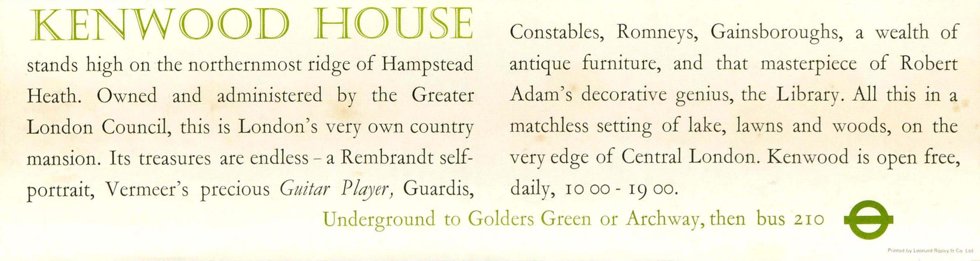 Affiche originale vintage des transports londoniens pour Kenwood House par l'artiste britannique Robert Flavell Micklewright (1923-2013) représentant une peinture de la demeure historique du XVIIe siècle (aujourd'hui gérée par English Heritage