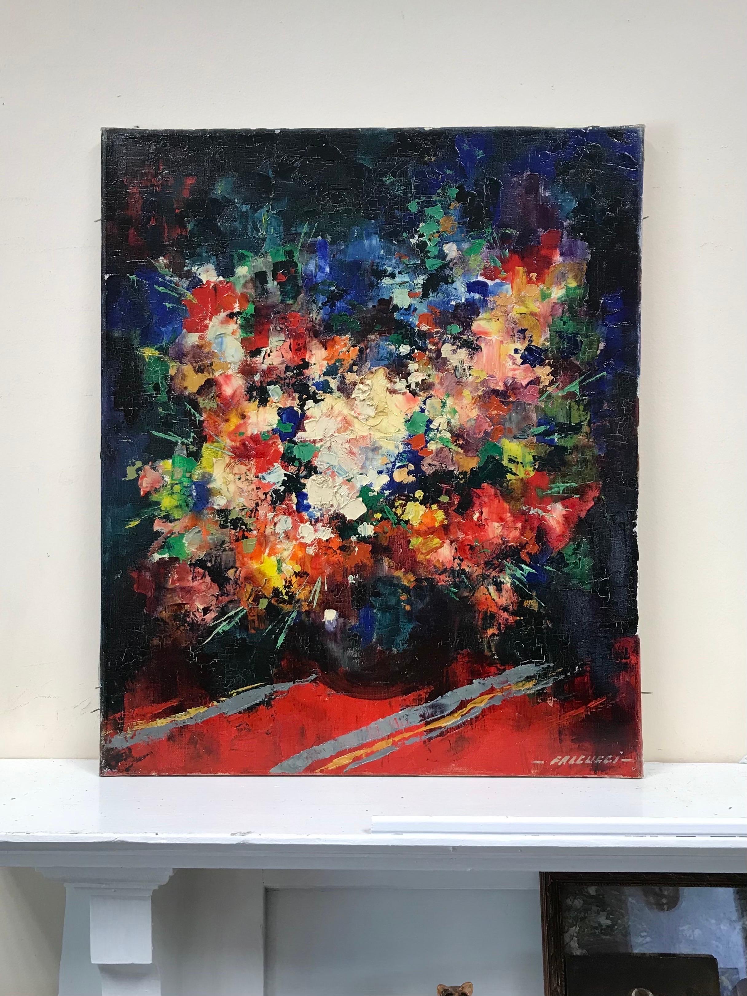 French Post-Impressionist Mid Century Signed Oil Painting - Bright Burst Floral - Black Abstract Painting by Robert Falcucci