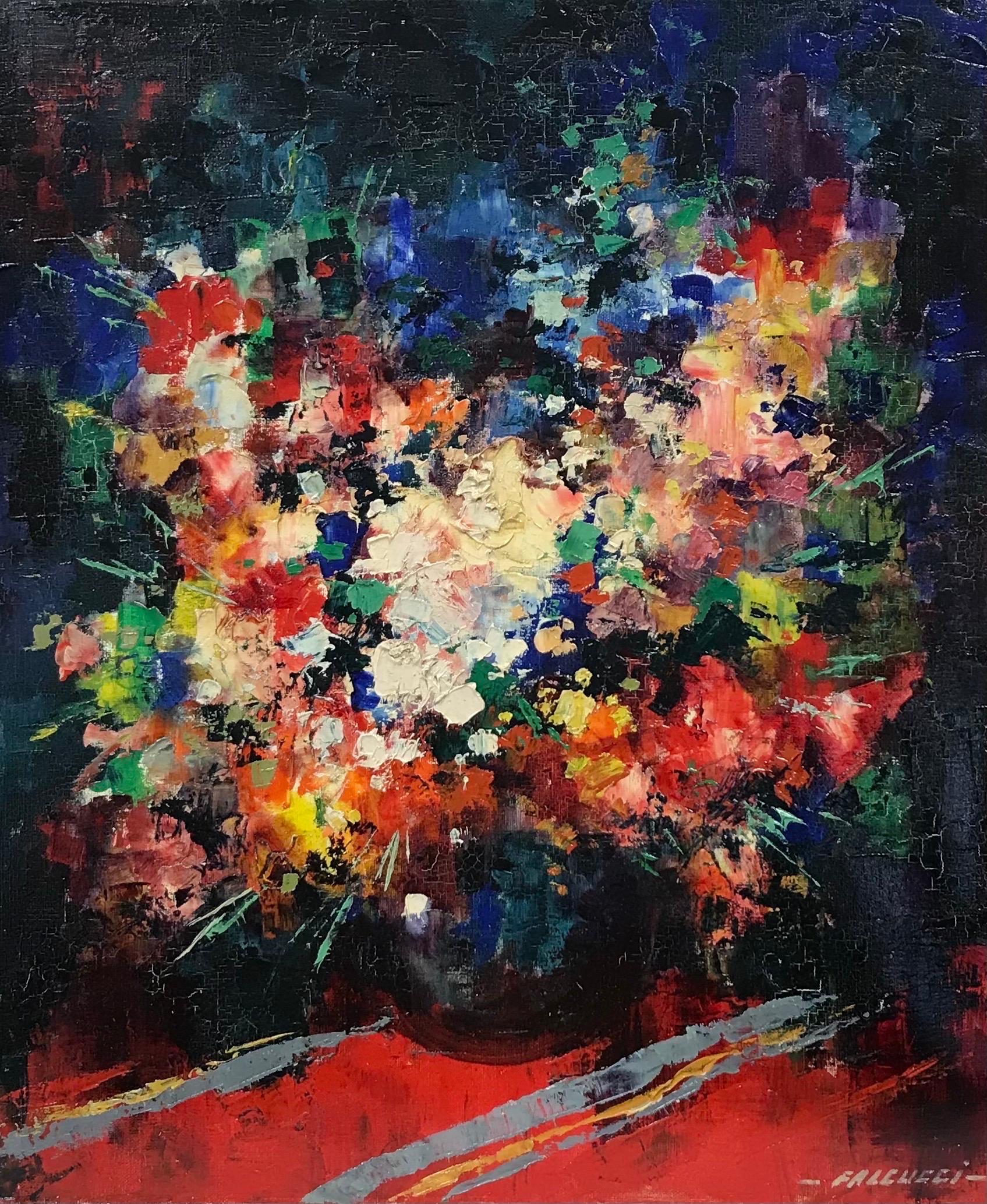 Robert Falcucci Abstract Painting - French Post-Impressionist Mid Century Signed Oil Painting - Bright Burst Floral
