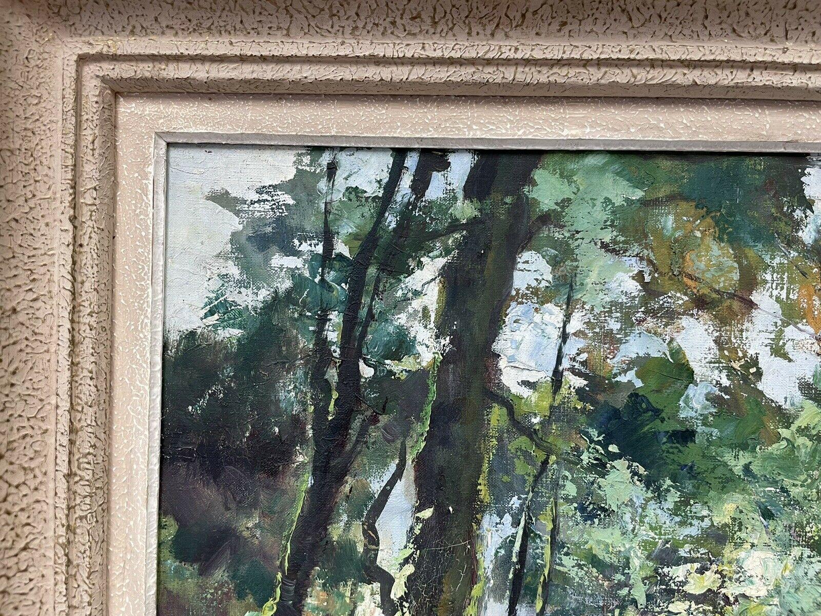 Grande huile impressionniste française du milieu du 20e siècle, signée, Summer Woodland Light en vente 1