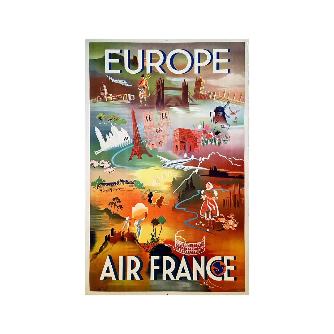 1949 Original poster by Falcucci for Air France across Europe For Sale 2