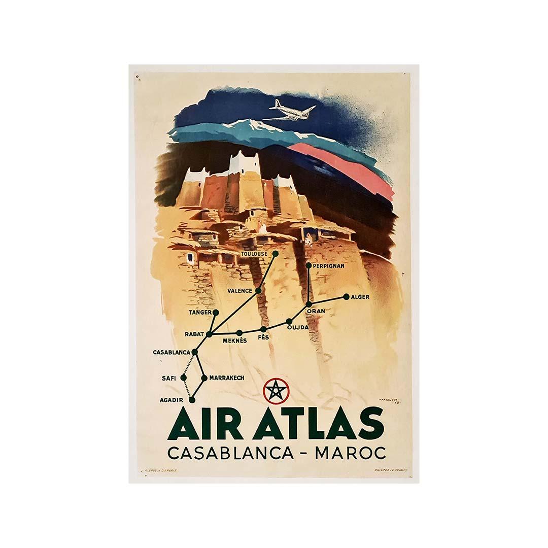 Beautiful poster by Falcucci in 1948 for Air Atlas.

Air Atlas (Compagnie Chérifienne de l'Air) was a Moroccan airline based in Casablanca. Air Atlas was registered on October 9, 1946. It began flying Junkers Ju 52s.

From 1946 to 1953, the airline