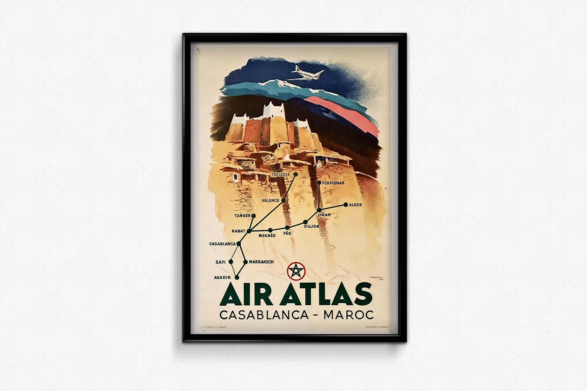 Original poster by Falcucci in 1948 for Air Atlas - Morocco - Casablanca For Sale 2