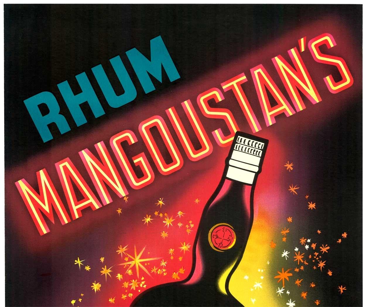 Cartel original de licores antiguos franceses de Rhum Mangoustan con fondo de lino - Print de Robert Falcucci