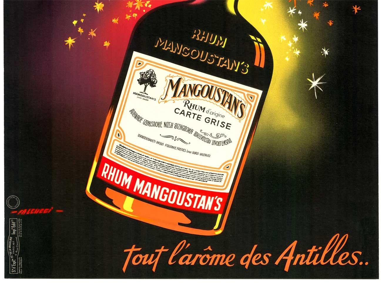 Cartel original de licores antiguos franceses de Rhum Mangoustan con fondo de lino - Print moderno estadounidense de Robert Falcucci