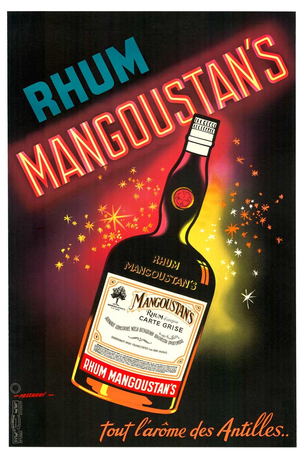 Original Rhum Mangoustan's vintage French antique liquor poster linen backed
