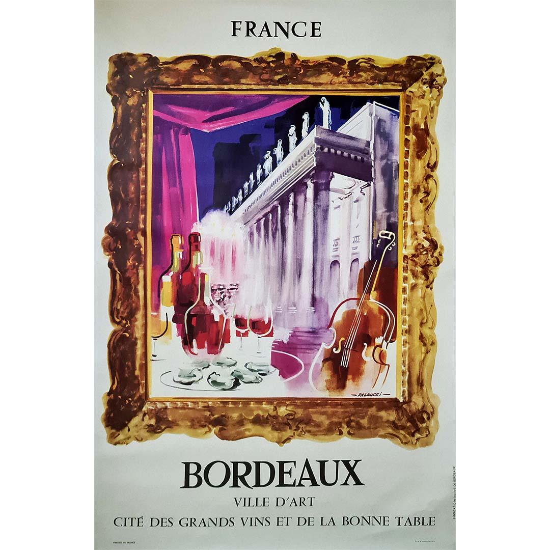 Beautiful poster by Robert Falcucci for the city of Bordeaux, a city of art, fine wines and fine dining.
Robert Falcucci (1900-1989) was a French painter, illustrator, poster artist and decorator born in Châteauroux on April 10, 1900.
Bordeaux,